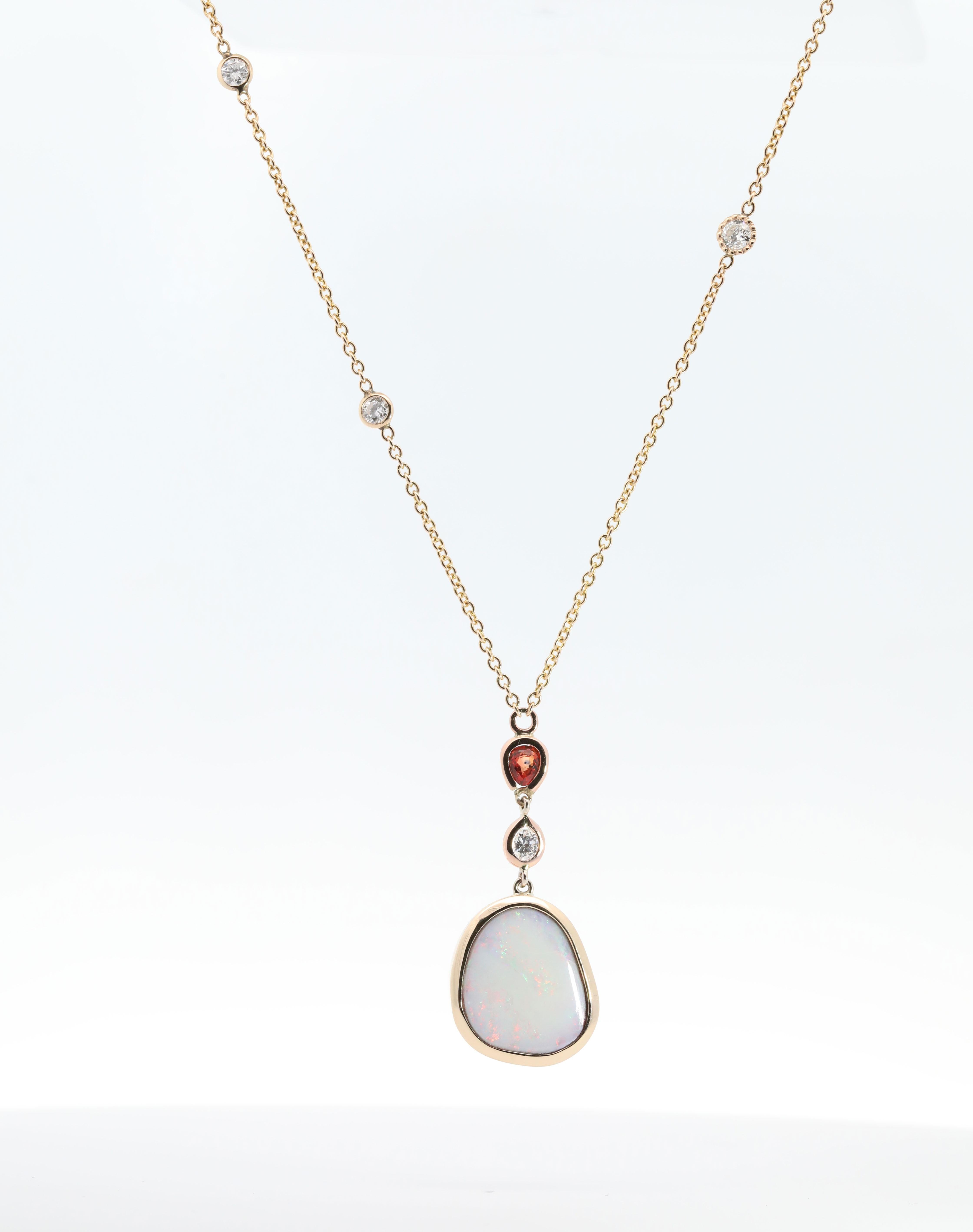 Hand Made 14K Yellow Gold, Natural Colored Sapphire, Natural Diamonds & Natural Opal Necklace Backed With 925 Sterling Silver. 
Total Weight: 7.9 grams. 
Diamonds: 0.52ct. 
Sapphire: 0.20. 
Opal: 4.80cts.  
Necklace Size: 17
