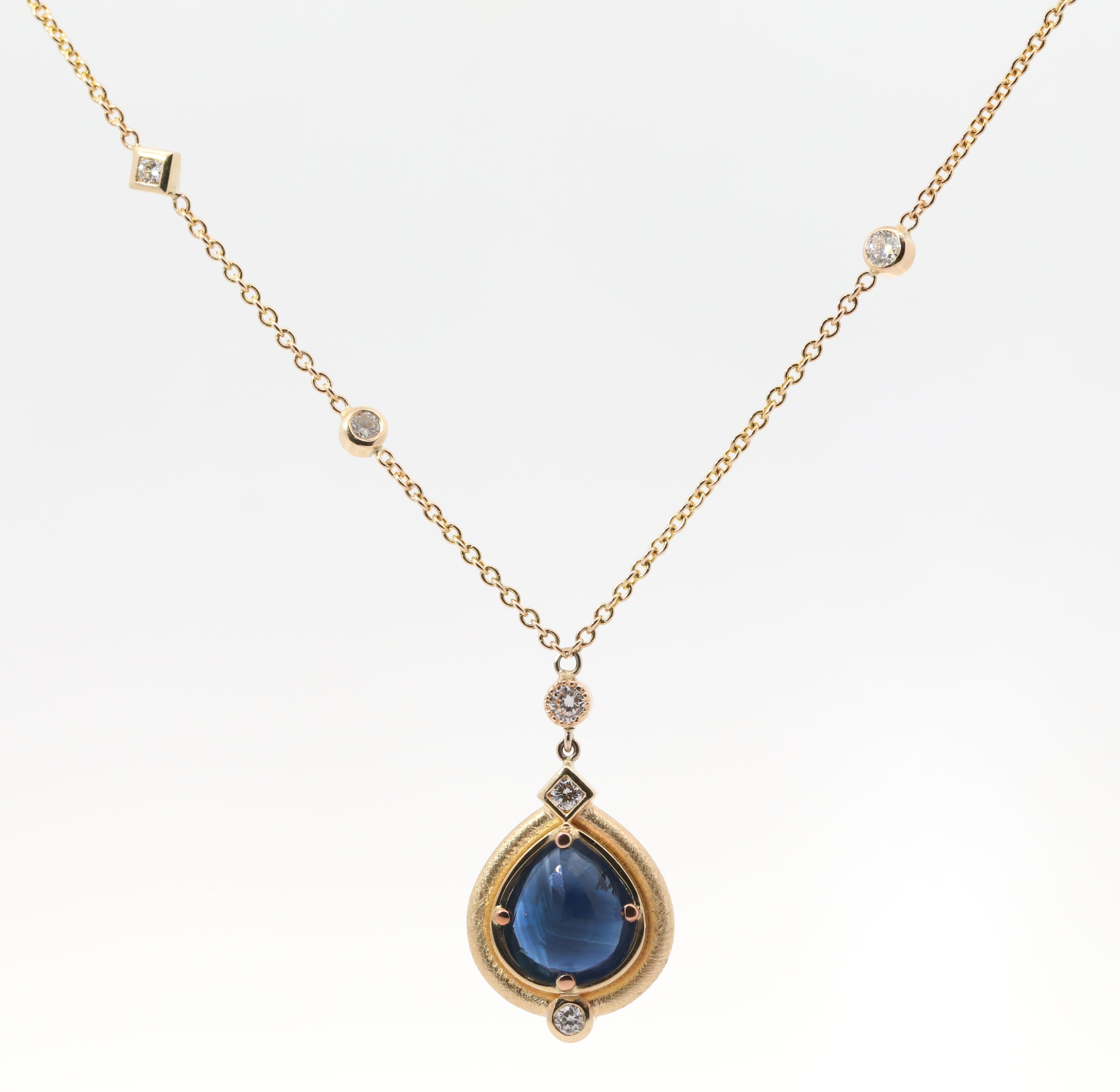 Hand Made 14K Yellow gold, Natural Sapphire, Natural Diamonds Necklace. 
Total Weight: 7.5 grams.
 Sapphire: 4.15cts
 Diamonds: 0.45ct.
 Necklace Size: 17