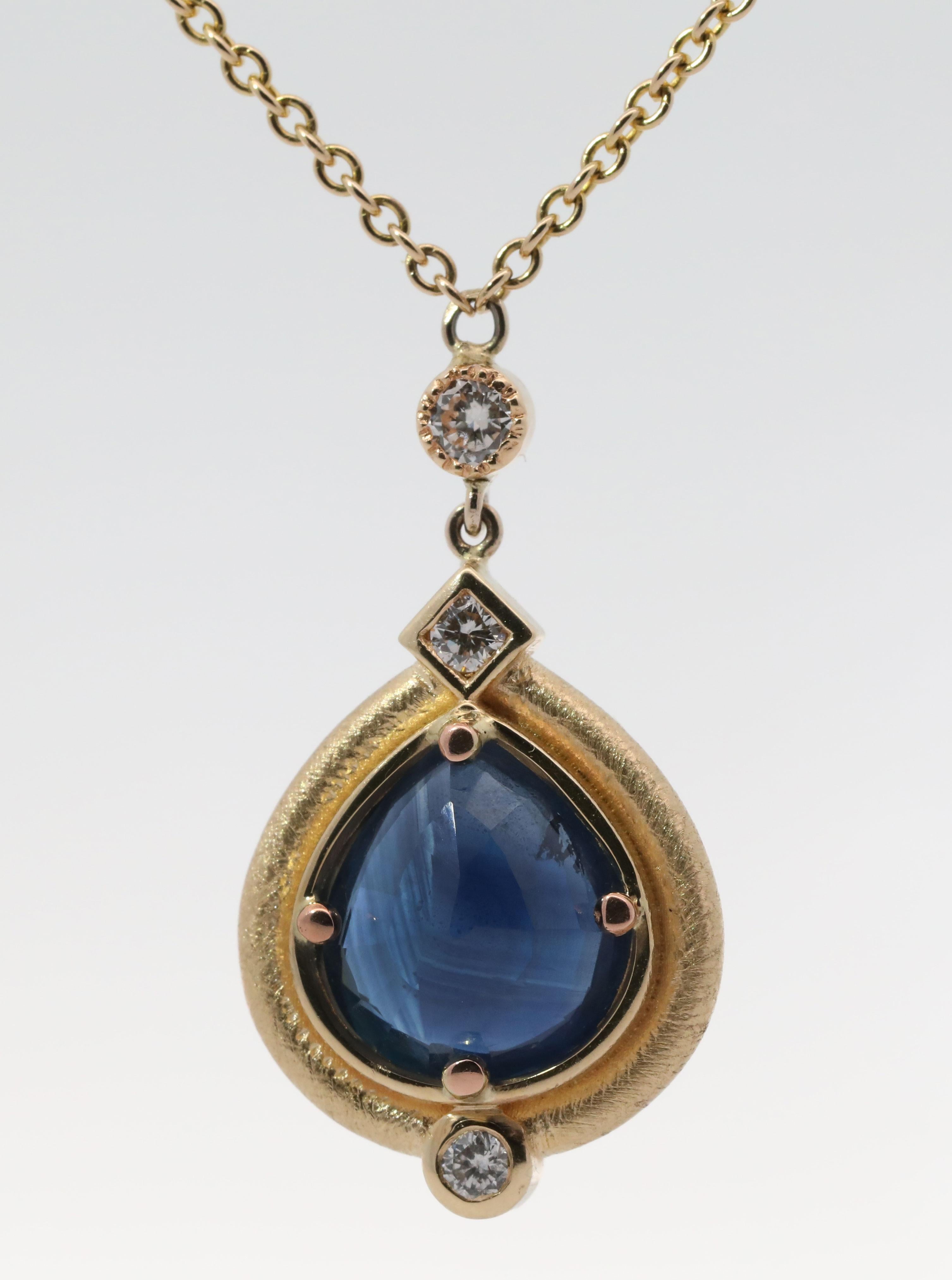 Modern Hand Made 14K Yellow gold, Natural Sapphire, Natural Diamonds Necklace For Sale