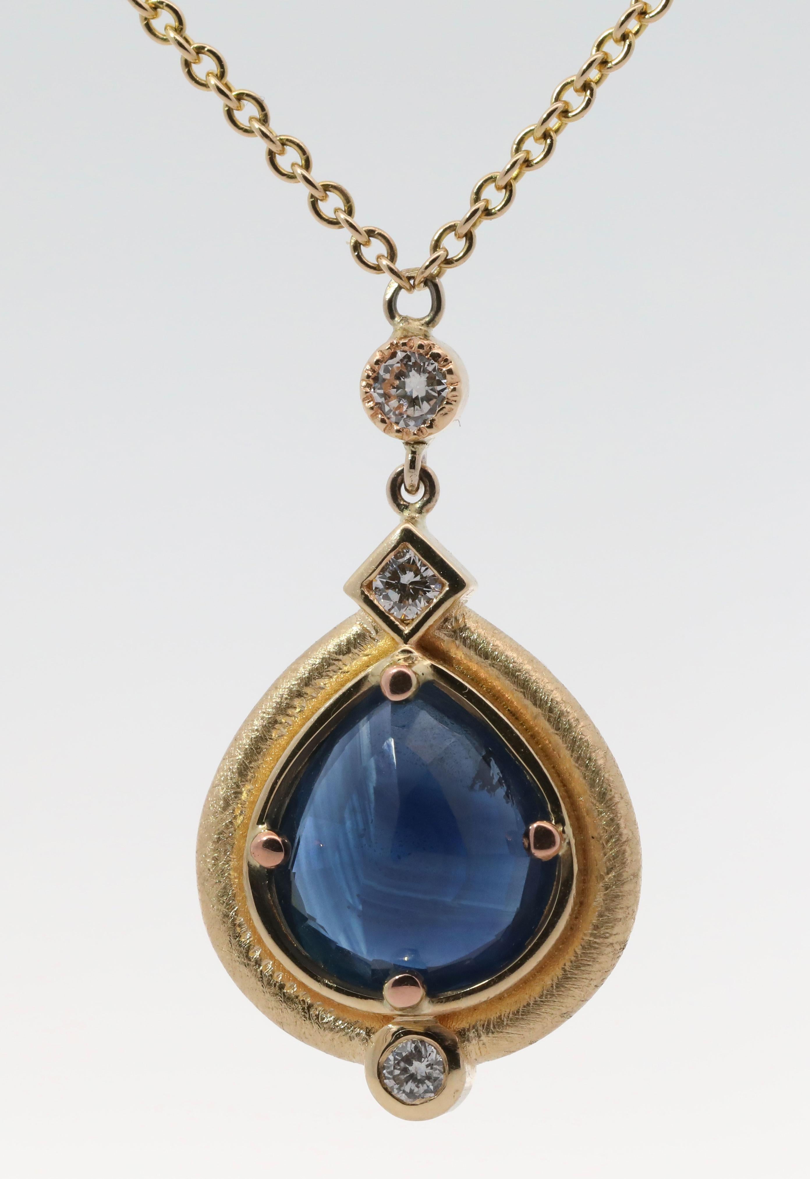 Brilliant Cut Hand Made 14K Yellow gold, Natural Sapphire, Natural Diamonds Necklace For Sale