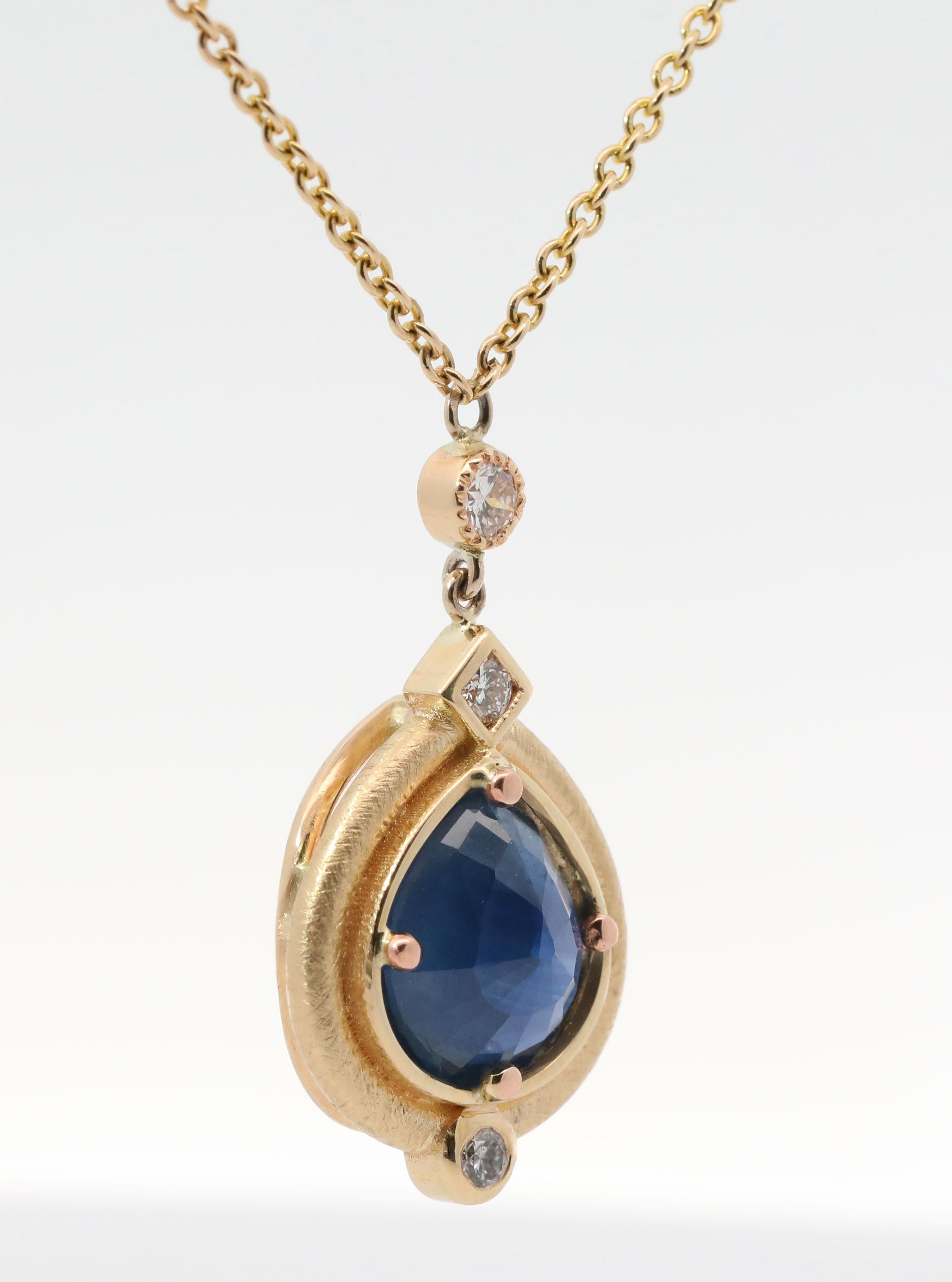 Women's Hand Made 14K Yellow gold, Natural Sapphire, Natural Diamonds Necklace For Sale