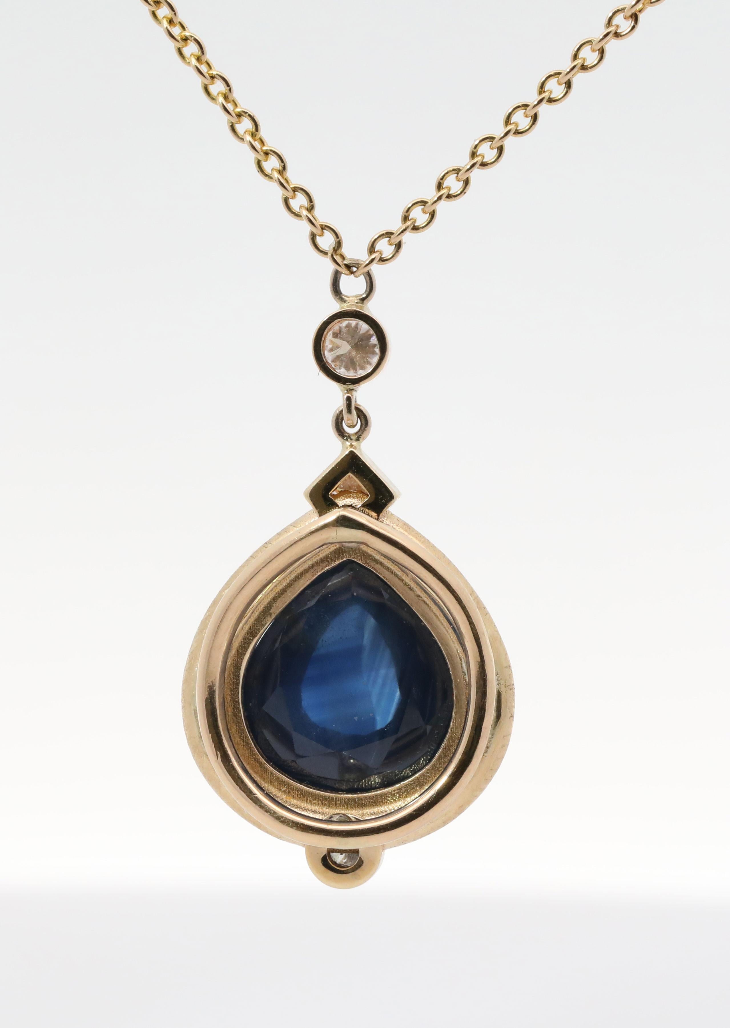 Hand Made 14K Yellow gold, Natural Sapphire, Natural Diamonds Necklace For Sale 2