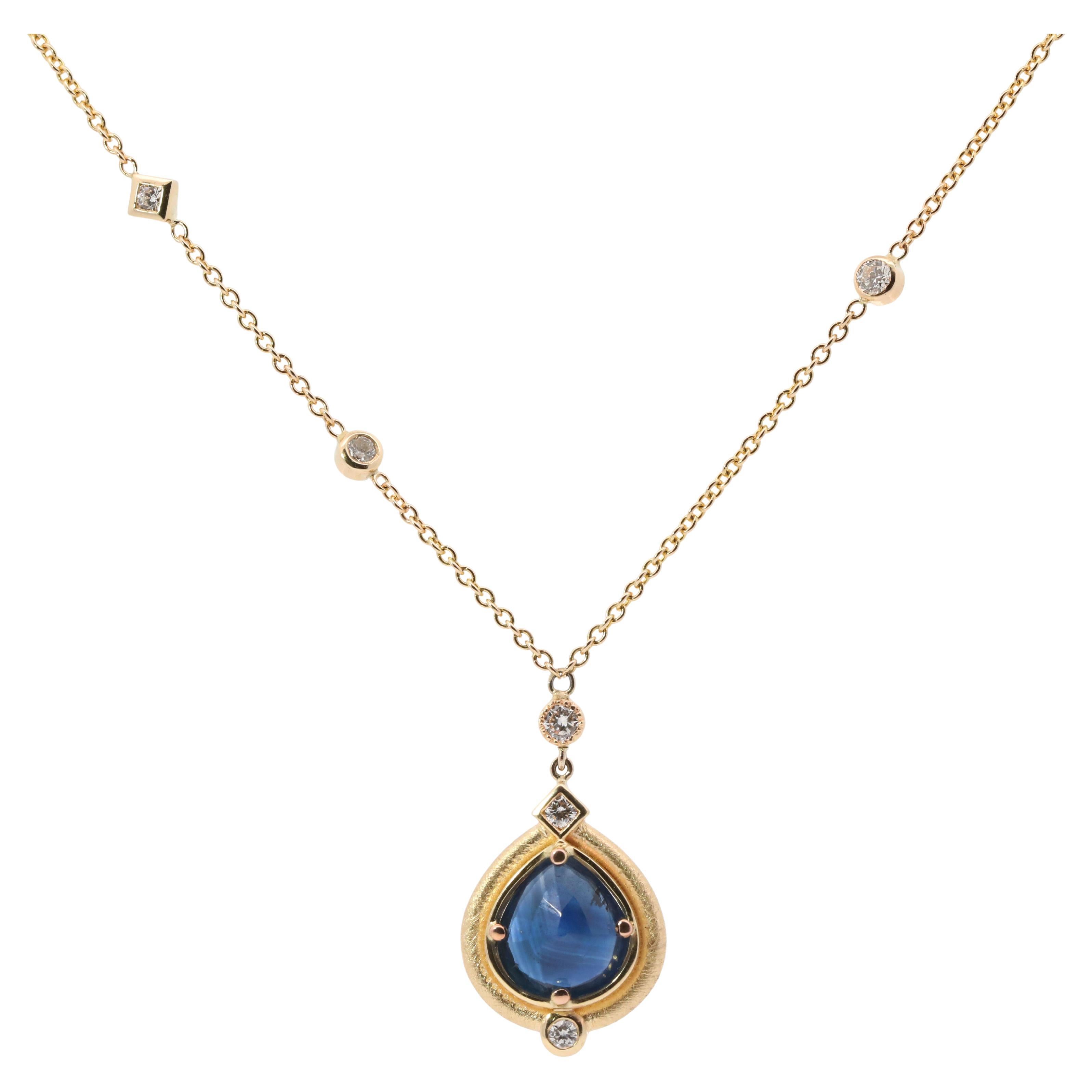 Hand Made 14K Yellow gold, Natural Sapphire, Natural Diamonds Necklace