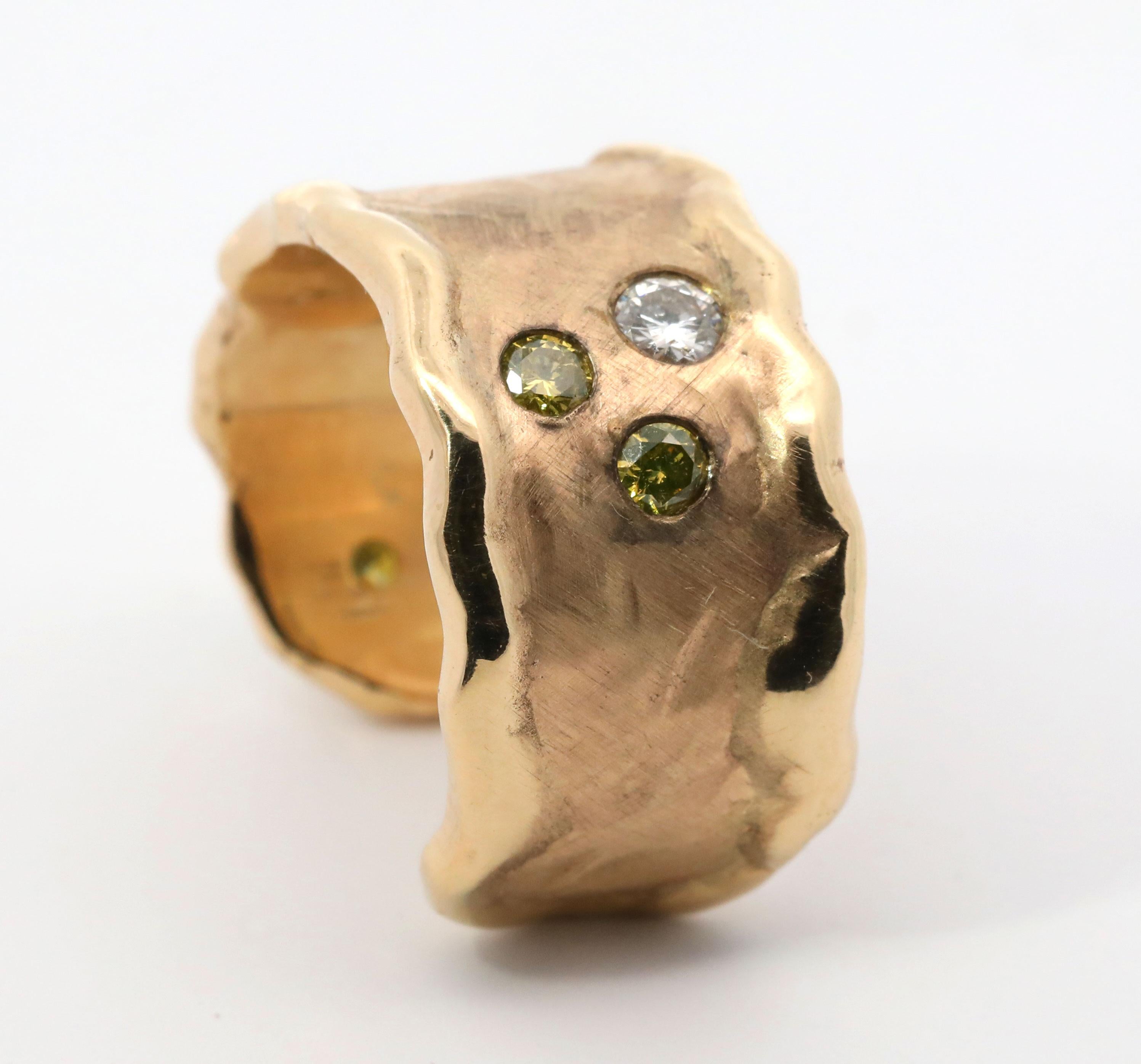 Modern Hand Made 14K Yellow Gold, Natural White & Fancy Yellow Diamond Ring For Sale