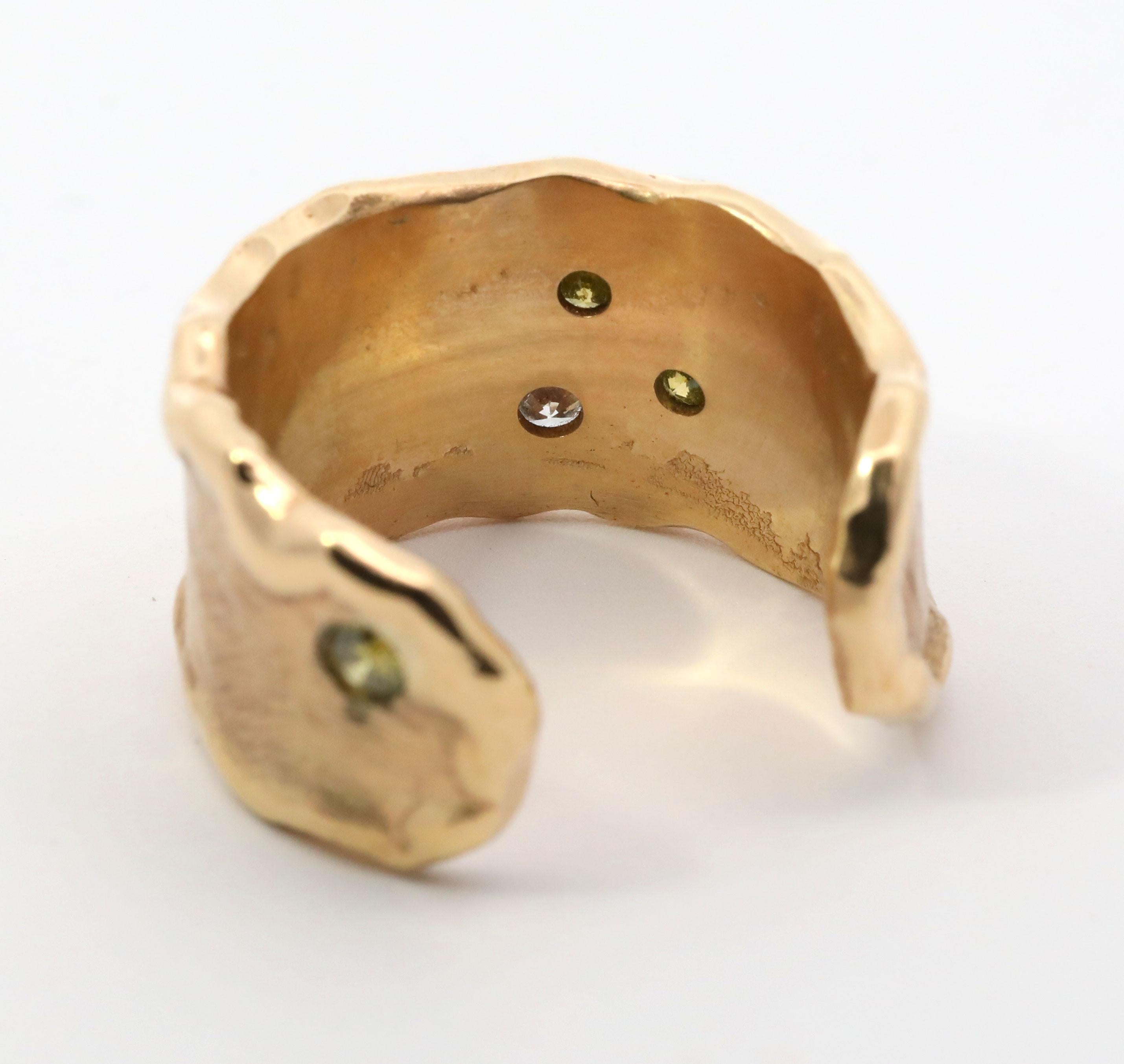 Hand Made 14K Yellow Gold, Natural White & Fancy Yellow Diamond Ring In New Condition For Sale In Pasadena, CA