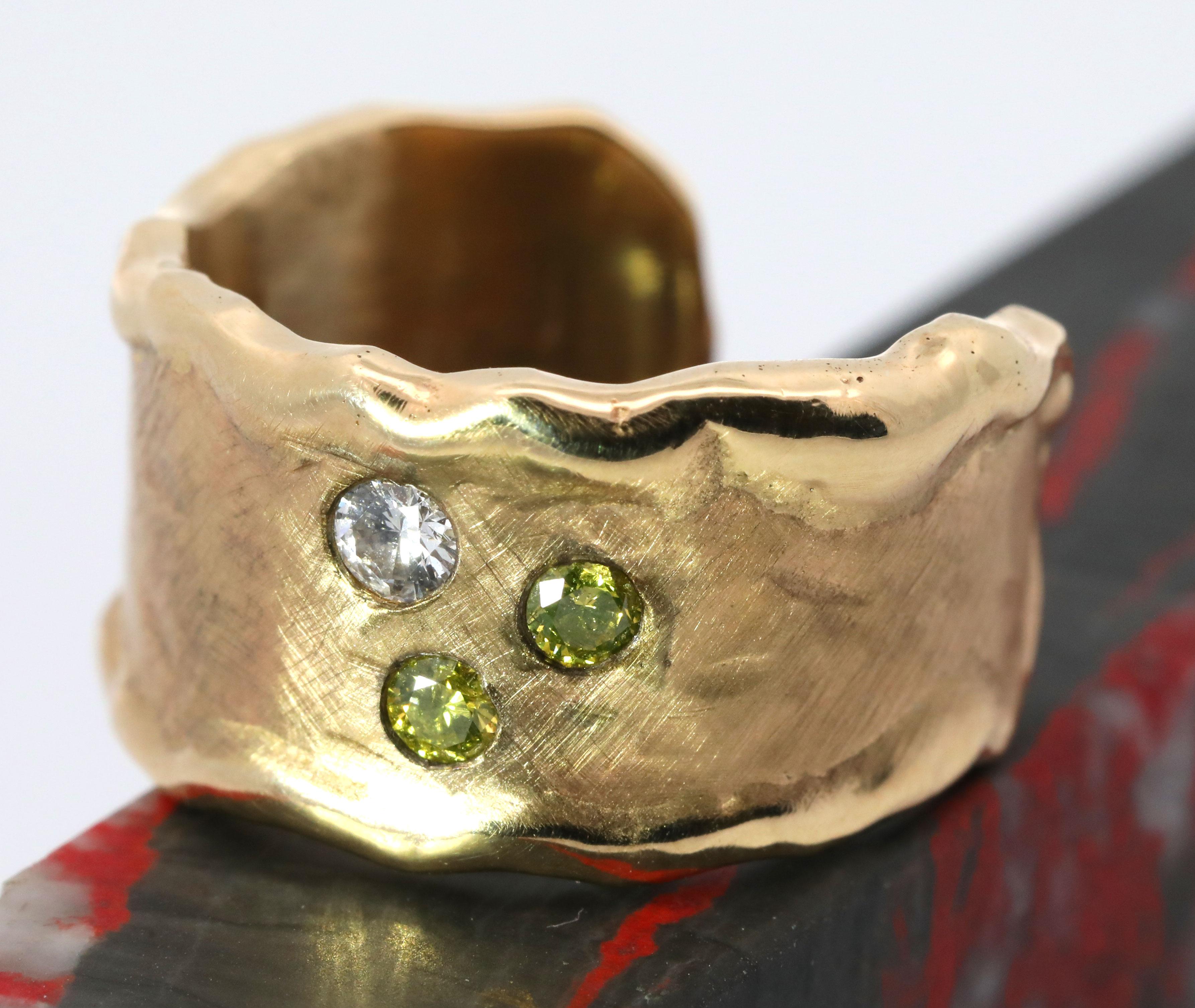 Women's Hand Made 14K Yellow Gold, Natural White & Fancy Yellow Diamond Ring For Sale