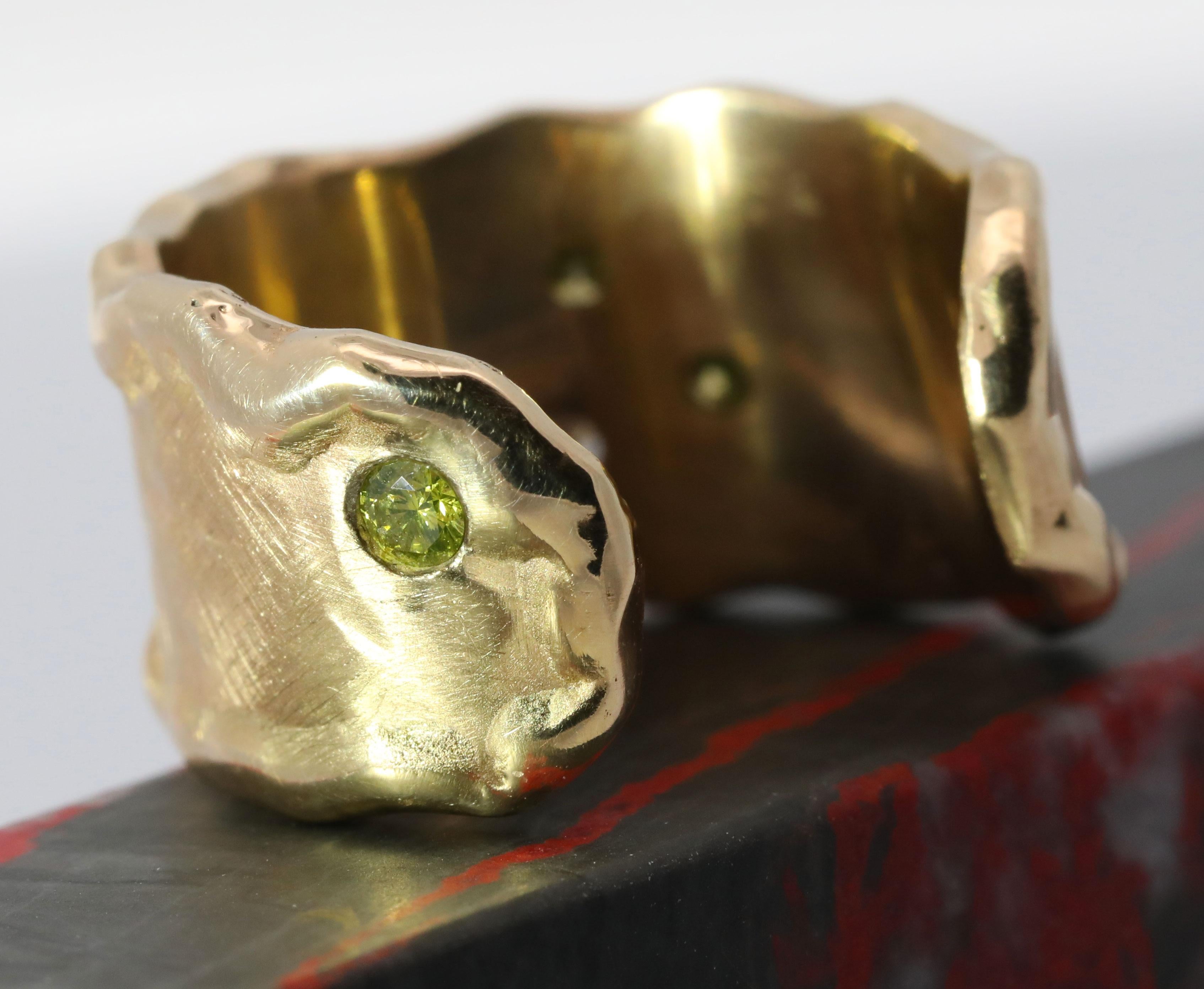 Hand Made 14K Yellow Gold, Natural White & Fancy Yellow Diamond Ring For Sale 1