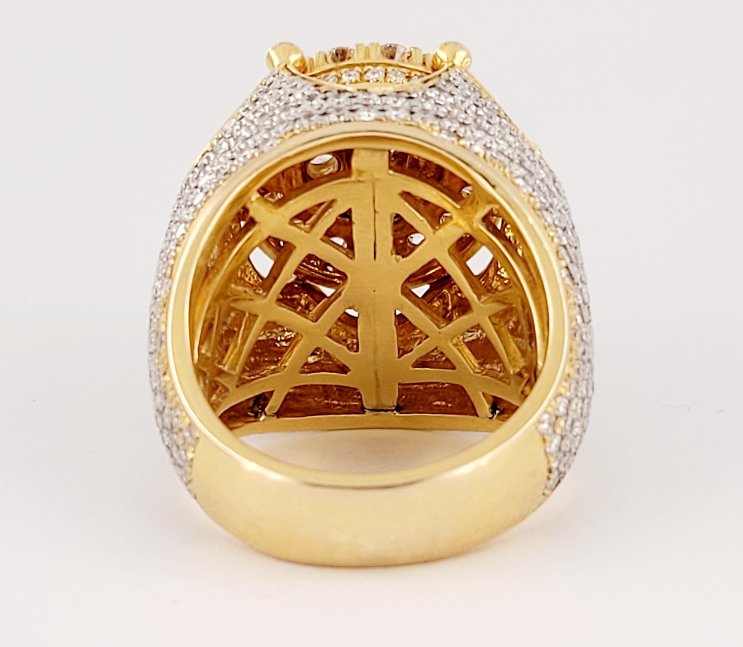 Hand-Made Ring with Diamonds 
Material 14K yellow Gold
Diamonds 9.75ct
Diamond Clarity VS
Color Grade G
Ring Size 10.25 
Ring Weight 37.4gr
Ring Width 26mm X Hight 27mm   
Gender Men
Condition New, never worn 
Retail price $27000