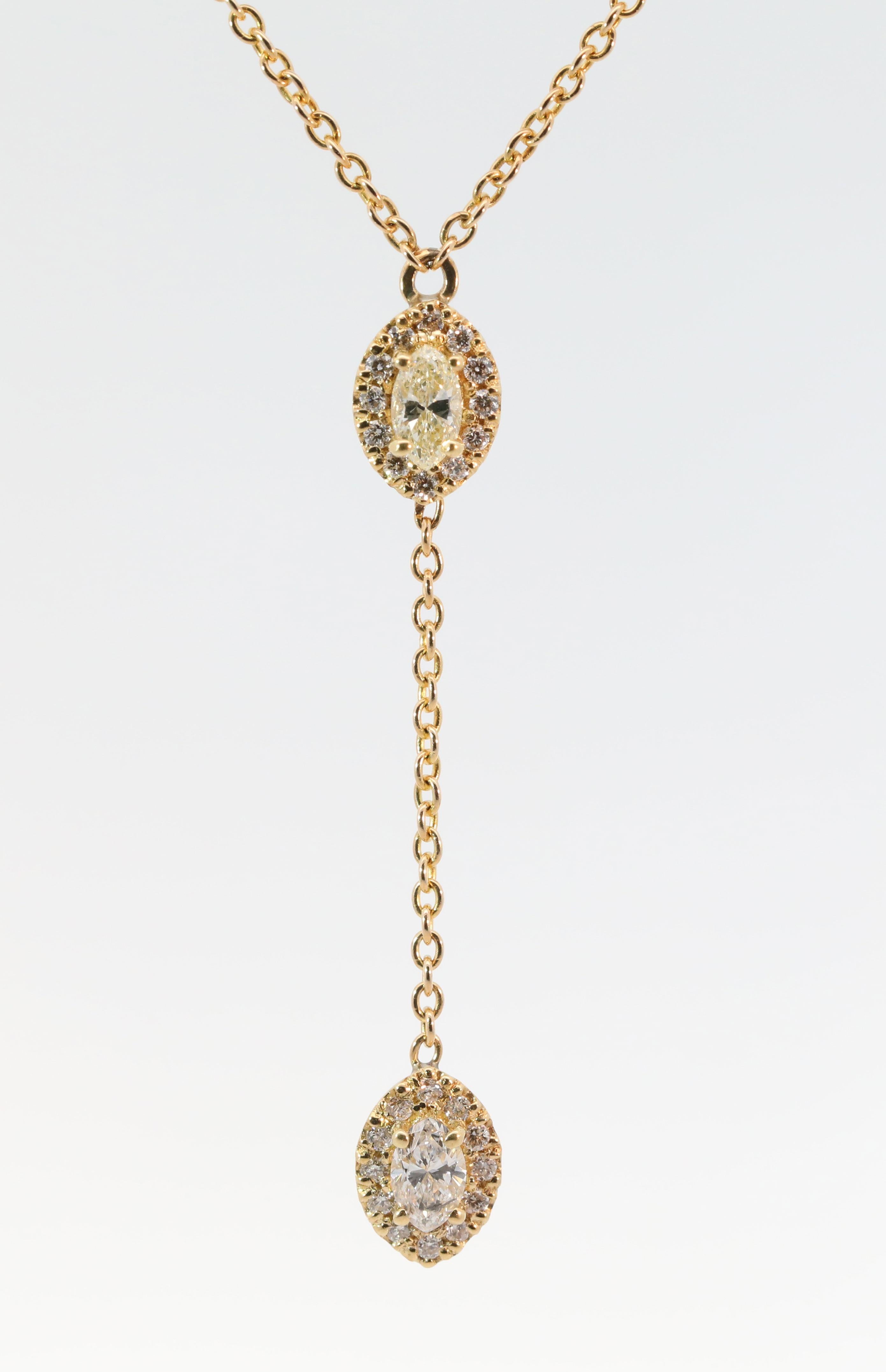 Collier de gouttes en or jaune 18K et diamants naturels fait à la main avec une chaîne en or jaune 14K. Poids total : 3,5 grammes. Diamants : 0,47ct.  Collier : 16