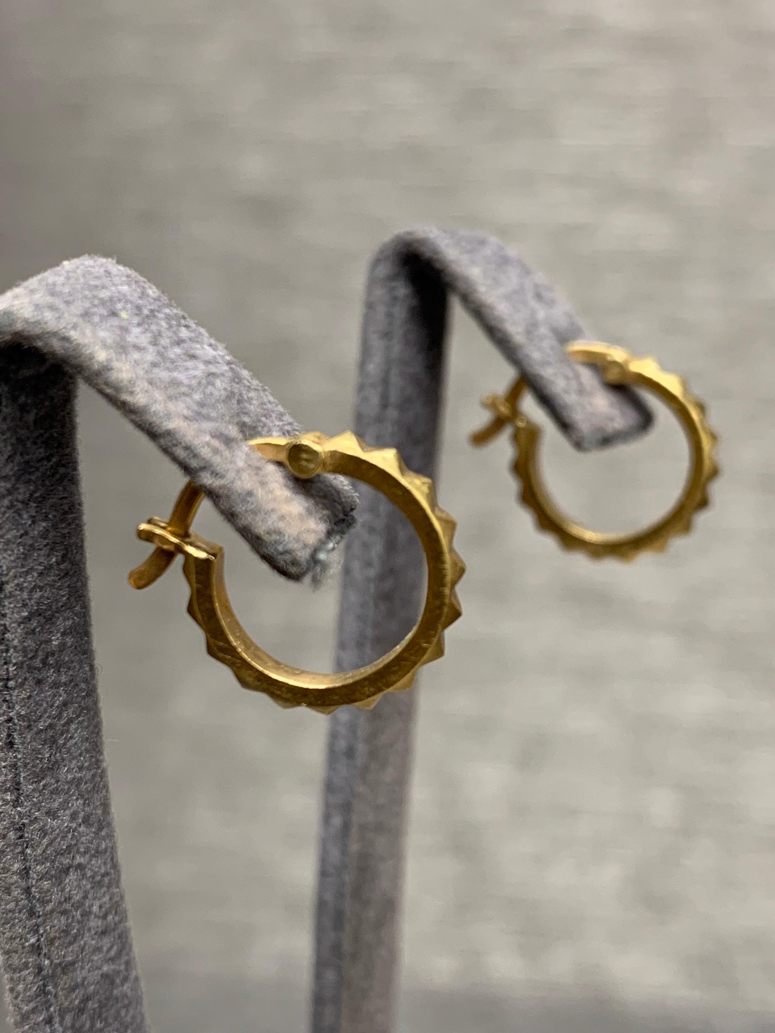 Pyramid Hoop, Yellow Gold Earrings. 

Featuring a pair of 18K Yellow Gold, Pyramid Hoop Earrings. 

This one-of-a-kind pair of earrings was created by hand is certified, appraisal included, 100% insured. Processed and shipped within 1 Business