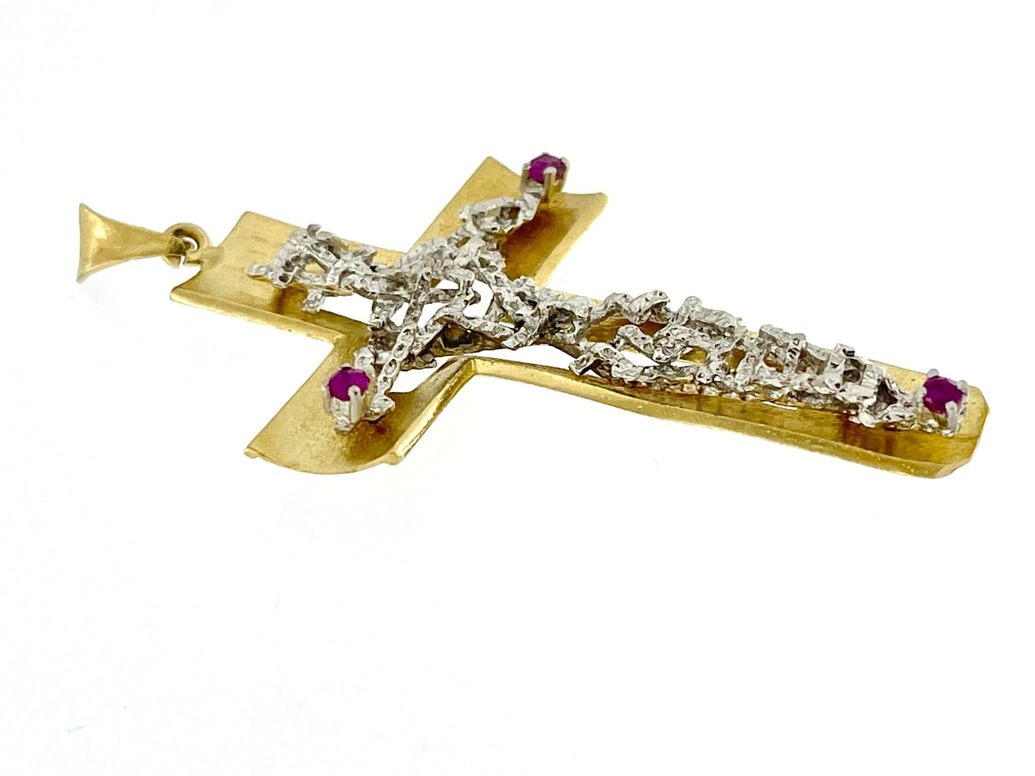 Artisan Hand-Made 18kt Gold Italian Crucifix with Rubies For Sale