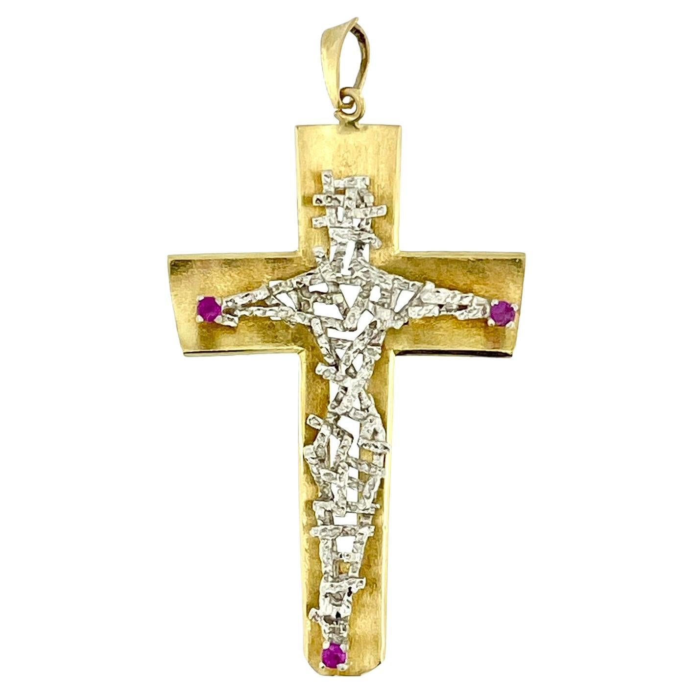 Crucifix italien en or 18 carats fait à la main avec rubis