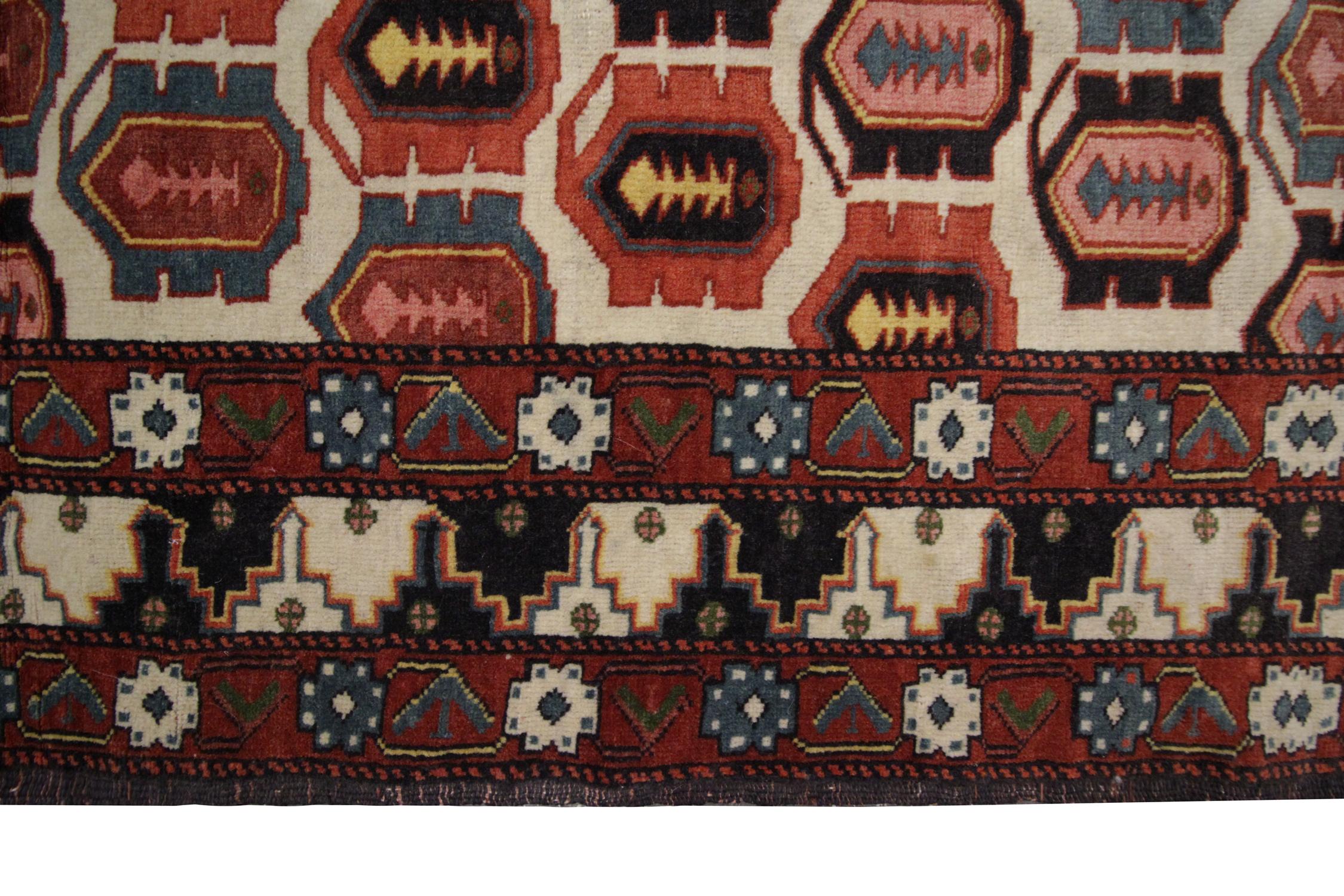 Handmade Antique Caucasian Tribal Living Room Rug, All-Over Pattern Carpet Rug For Sale 1