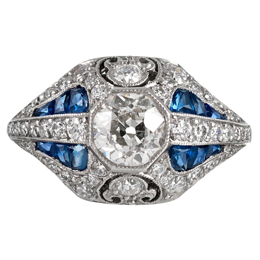 Hand Made Art Deco Style .93 Carat Diamond & Sapphire Ring