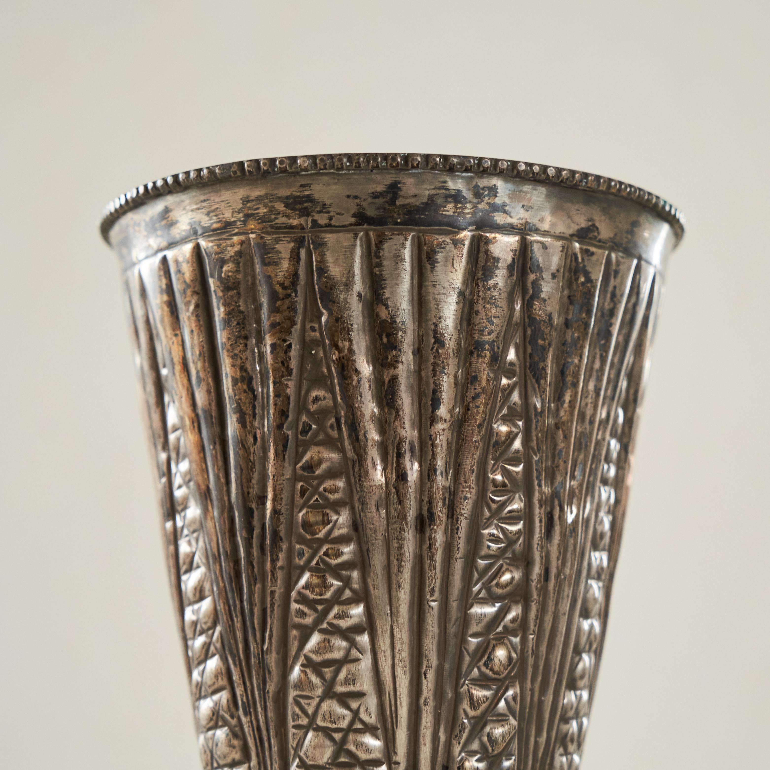European Hand Made Art Deco Vase in Patinated Silver Plate 1930s For Sale