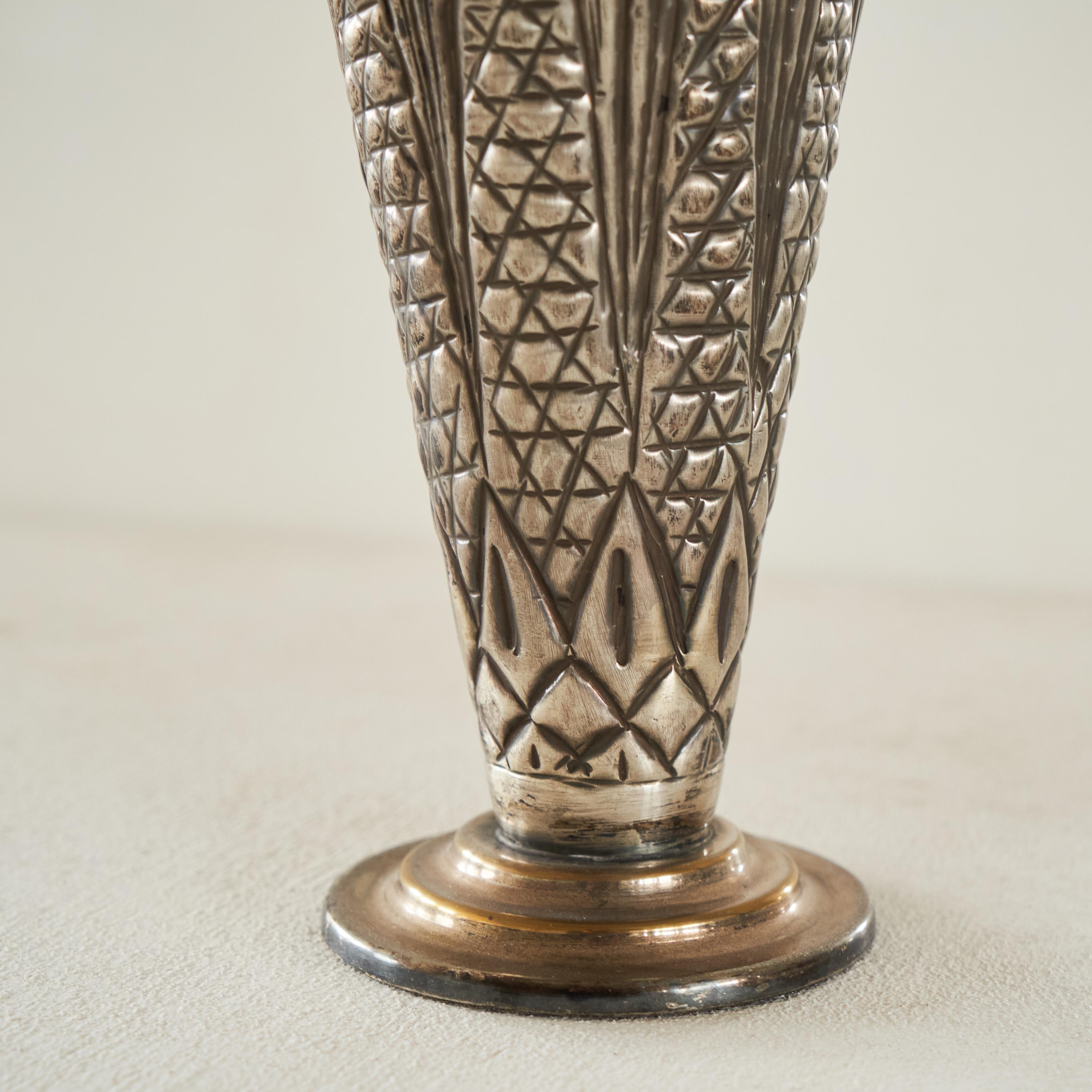 Hand Made Art Deco Vase in Patinated Silver Plate 1930s In Good Condition In Tilburg, NL