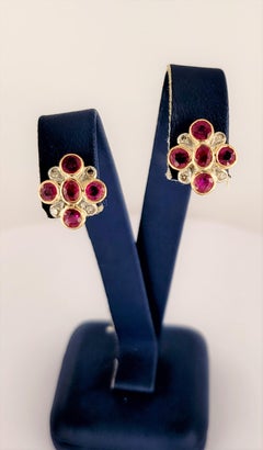Hand Made Burmese Ruby Earrings with Diamonds in 18K Yellow Gold