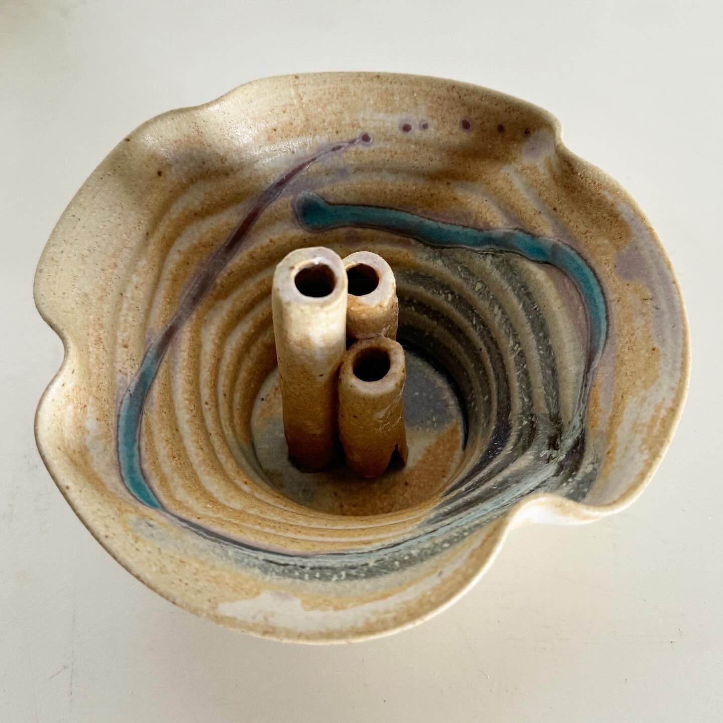 American Hand Made Blue and Purple Ikebana Style Pottery 3 Stem Vase/Bowl