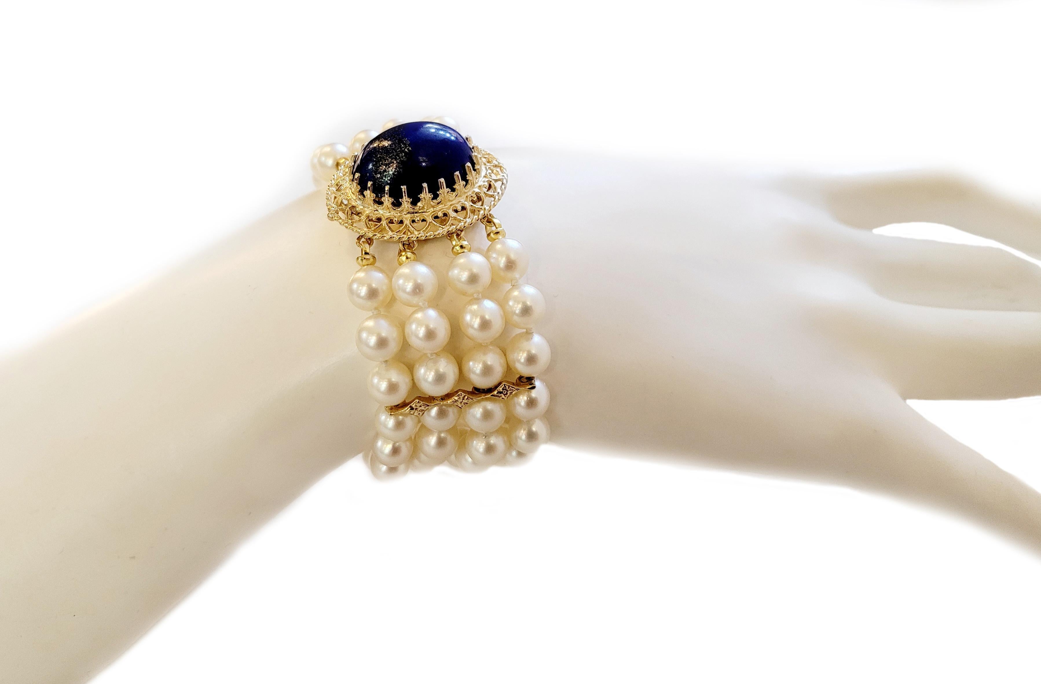 Hand Made Pearl Bracelet in 14K yellow Gold
Oval Shape Lapis Stone 18ct
Bracelet Length 7''
Bracelet Width 27.7mm
Pearl Size 7mm
Bracelet Weight 51gr
Condition Pre-Owned
Gender Women
Retail Price$3,900