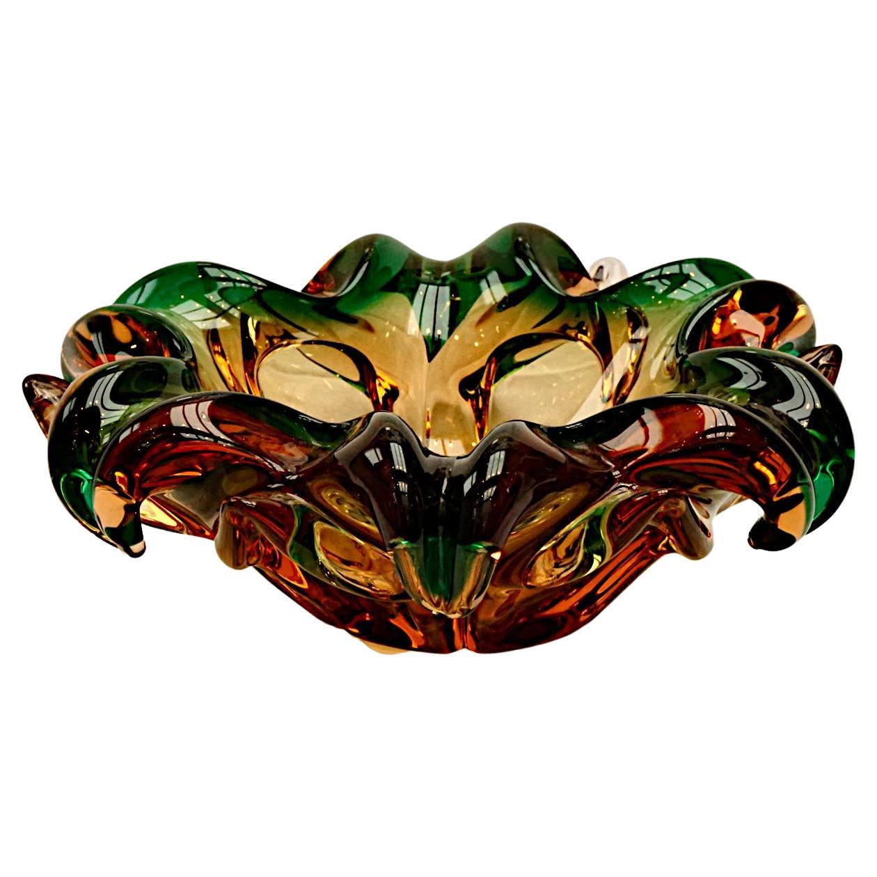 Hand Made Bronze and Green Art Glass Bowl, Circa 1960s For Sale