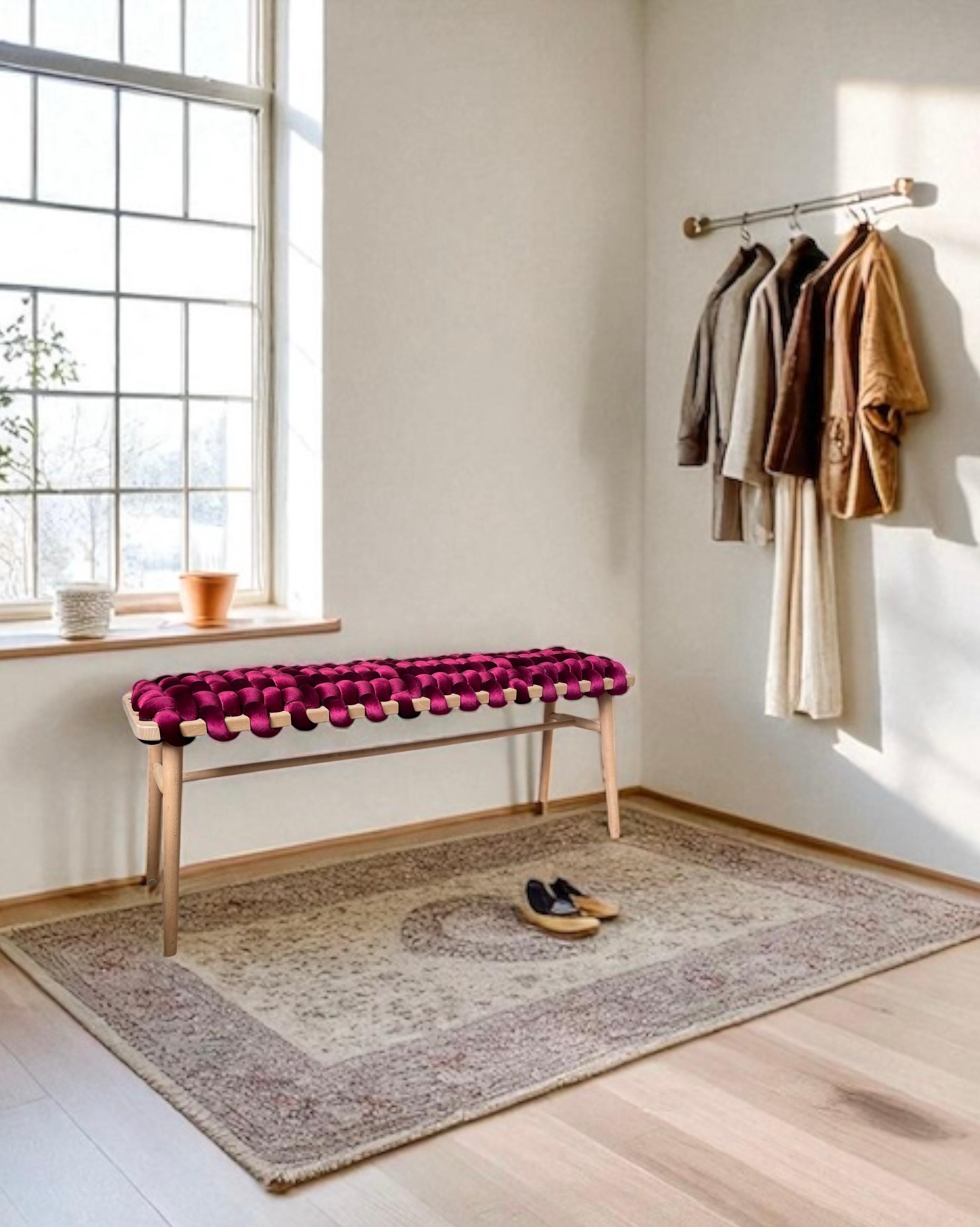 Modern Hand Made Burgundy Velvet Woven Bench 47