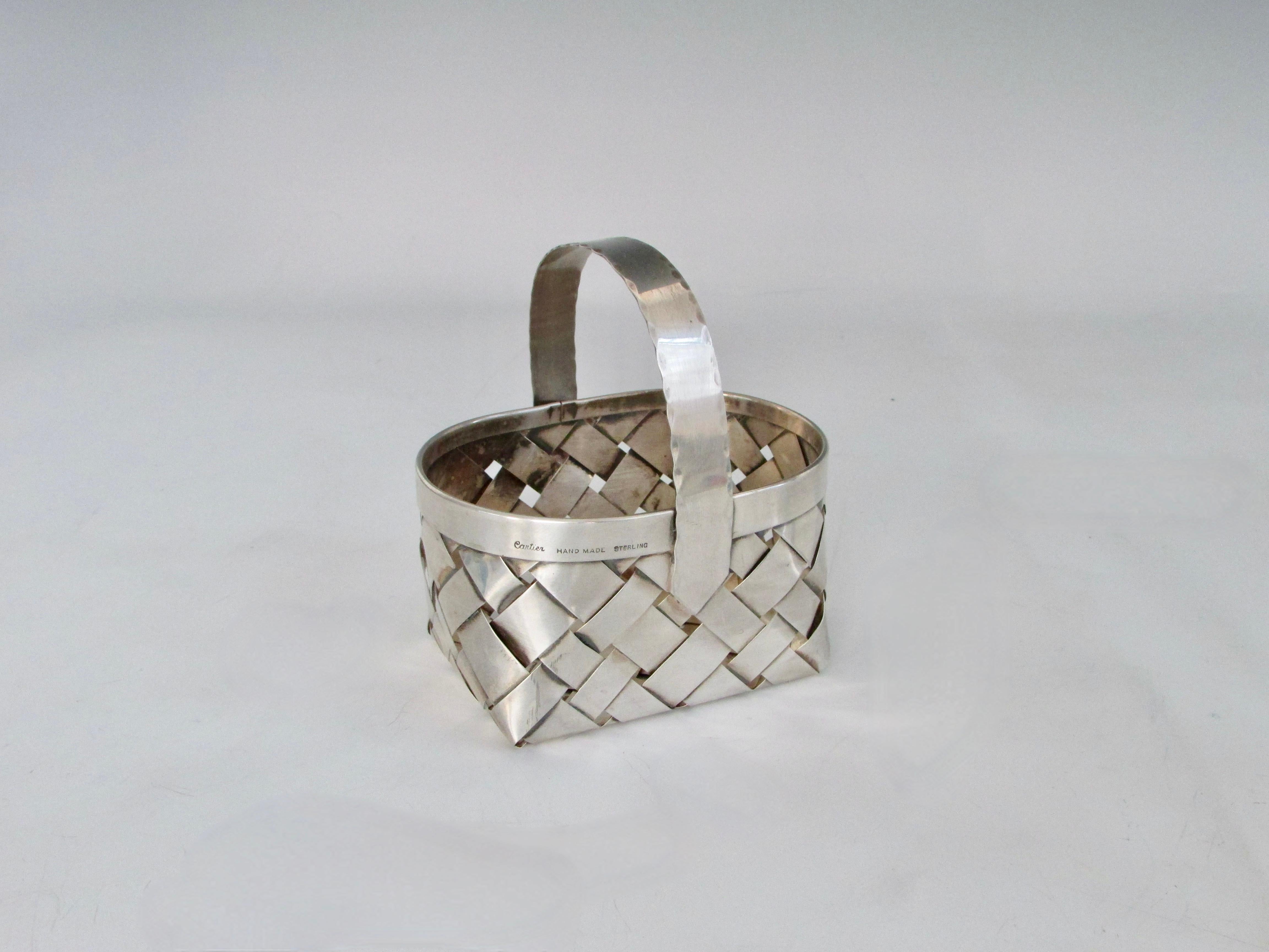Mid-Century Modern Hand Made Cartier Woven Sterling Silver Basket