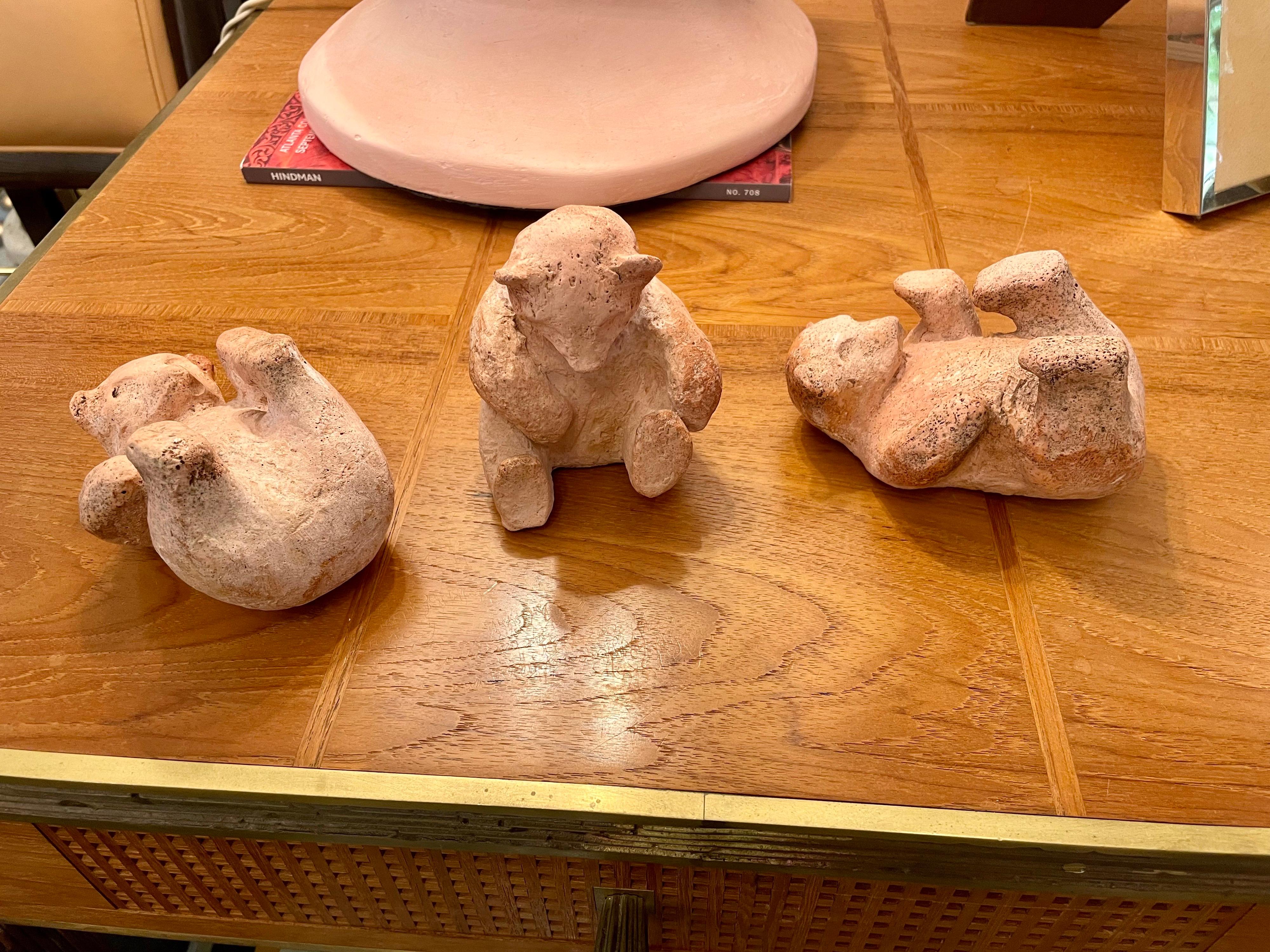 Hand Made Carved Earthenware, Trio of Bear Cubs For Sale 1