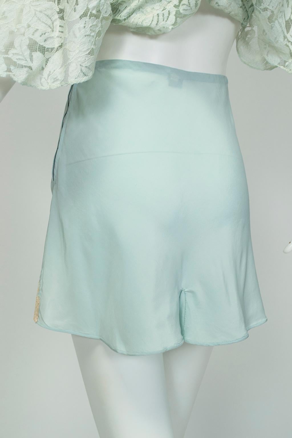 Gray Hand Made Celadon Georgette and Lace Tap Panties with Bow Detail, Saks–S, 1940s For Sale