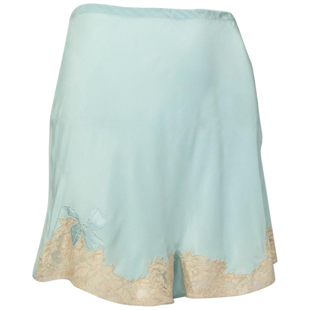 Hand Made Celadon Georgette and Lace Tap Panties with Bow Detail, Saks–S, 1940s For Sale