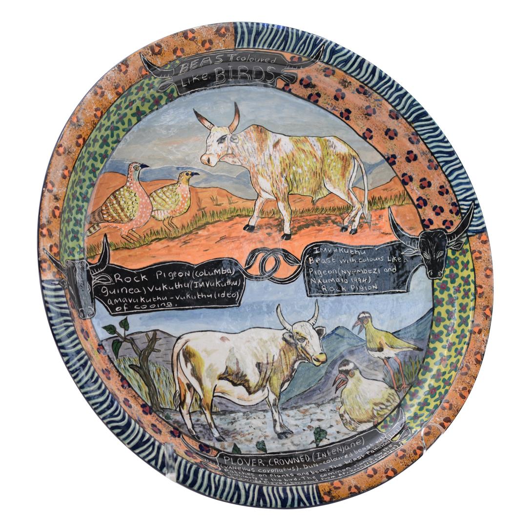 Modern Hand made ceramic Cow plate with 2 scenes, made in South Africa