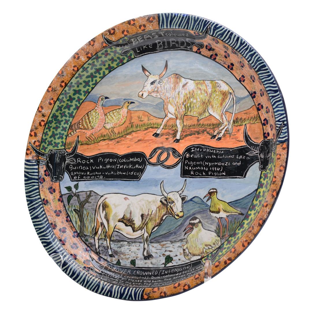 South African Hand made ceramic Cow plate with 2 scenes, made in South Africa