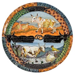 Hand made ceramic Cow plate with 2 scenes, made in South Africa