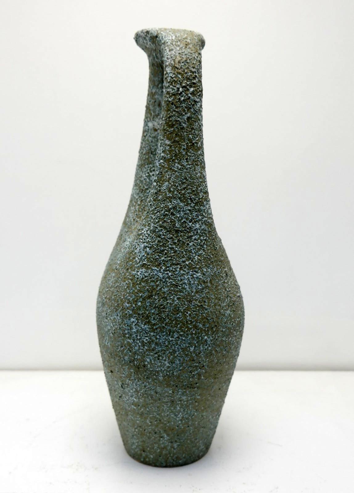 Mid-Century Modern Hand Made Ceramic Jug Vase with Turquoise and Orange Cracked Glazed, 1970's
