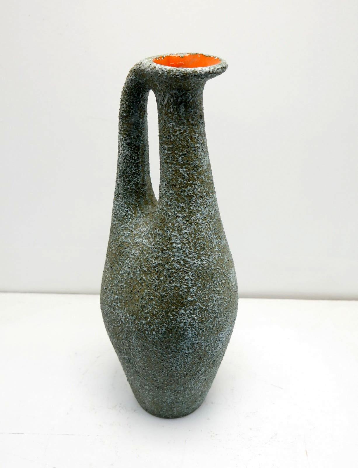 Hand Made Ceramic Jug Vase with Turquoise and Orange Cracked Glazed, 1970's In Good Condition In Budapest, HU