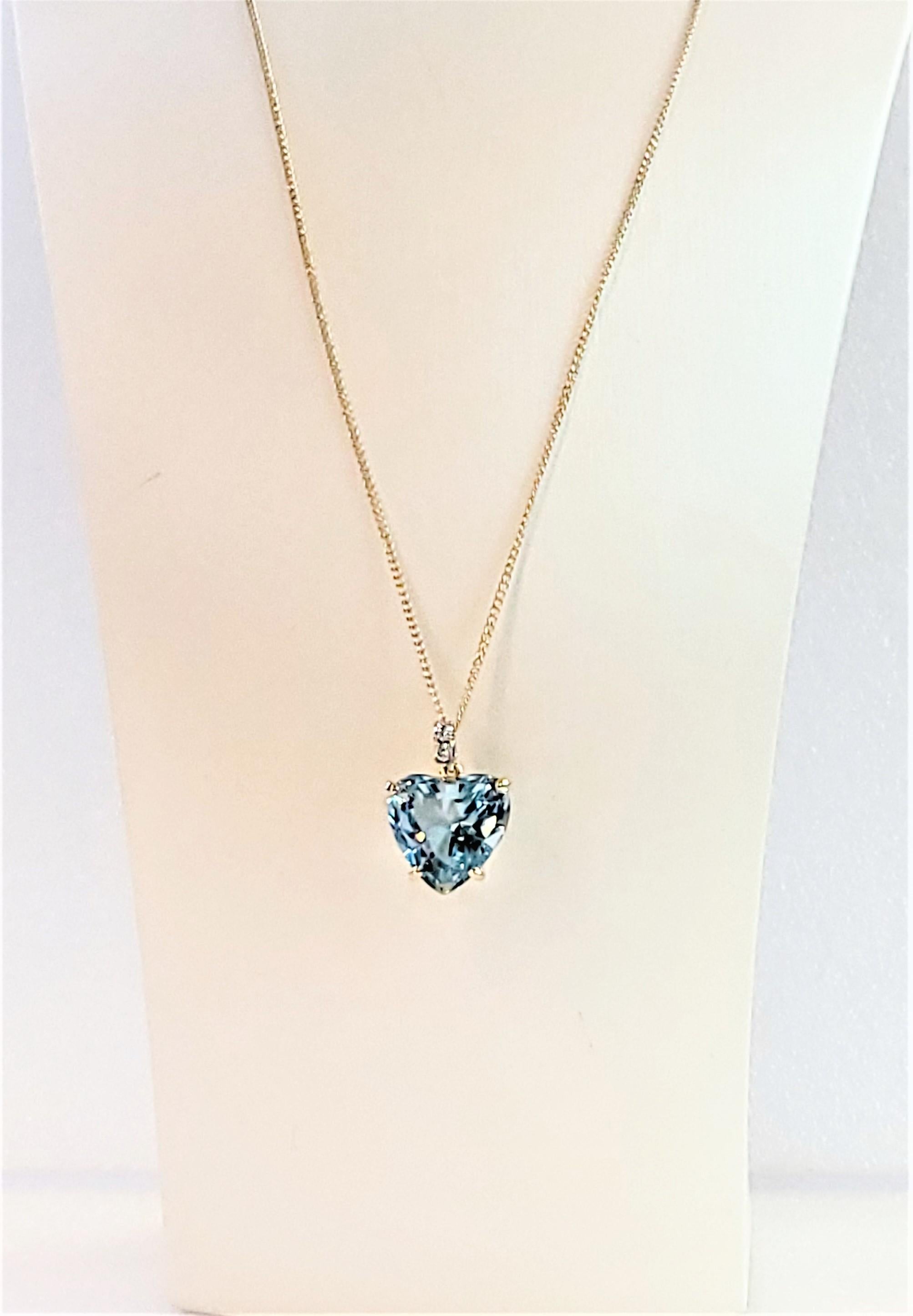 Heart Cut Hand-Made Chain Pendant with  Aqua Blue Topaz  in 14K yellow Gold For Sale