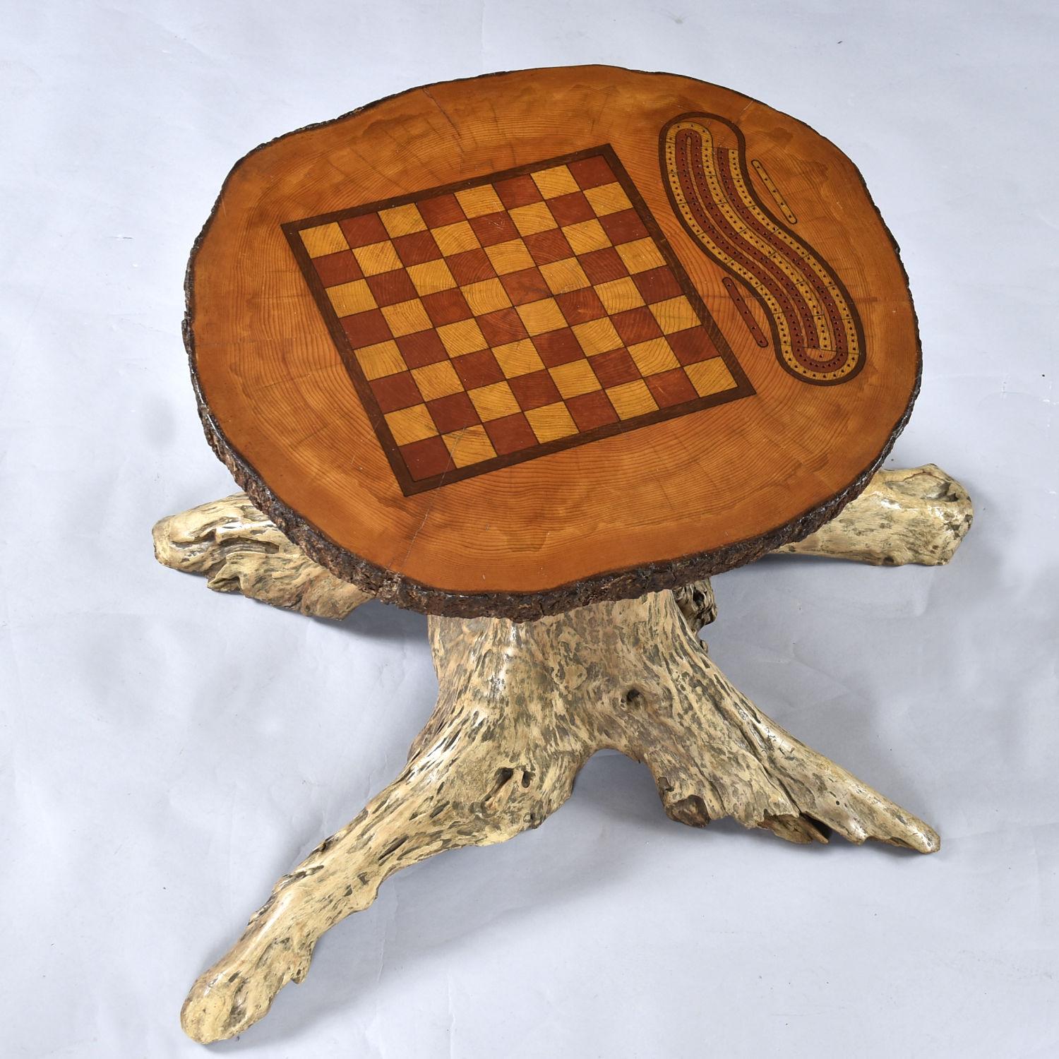 Hand Made Chess and Cribbage Live Edge Game Table on Tree Stump with Pieces For Sale 3