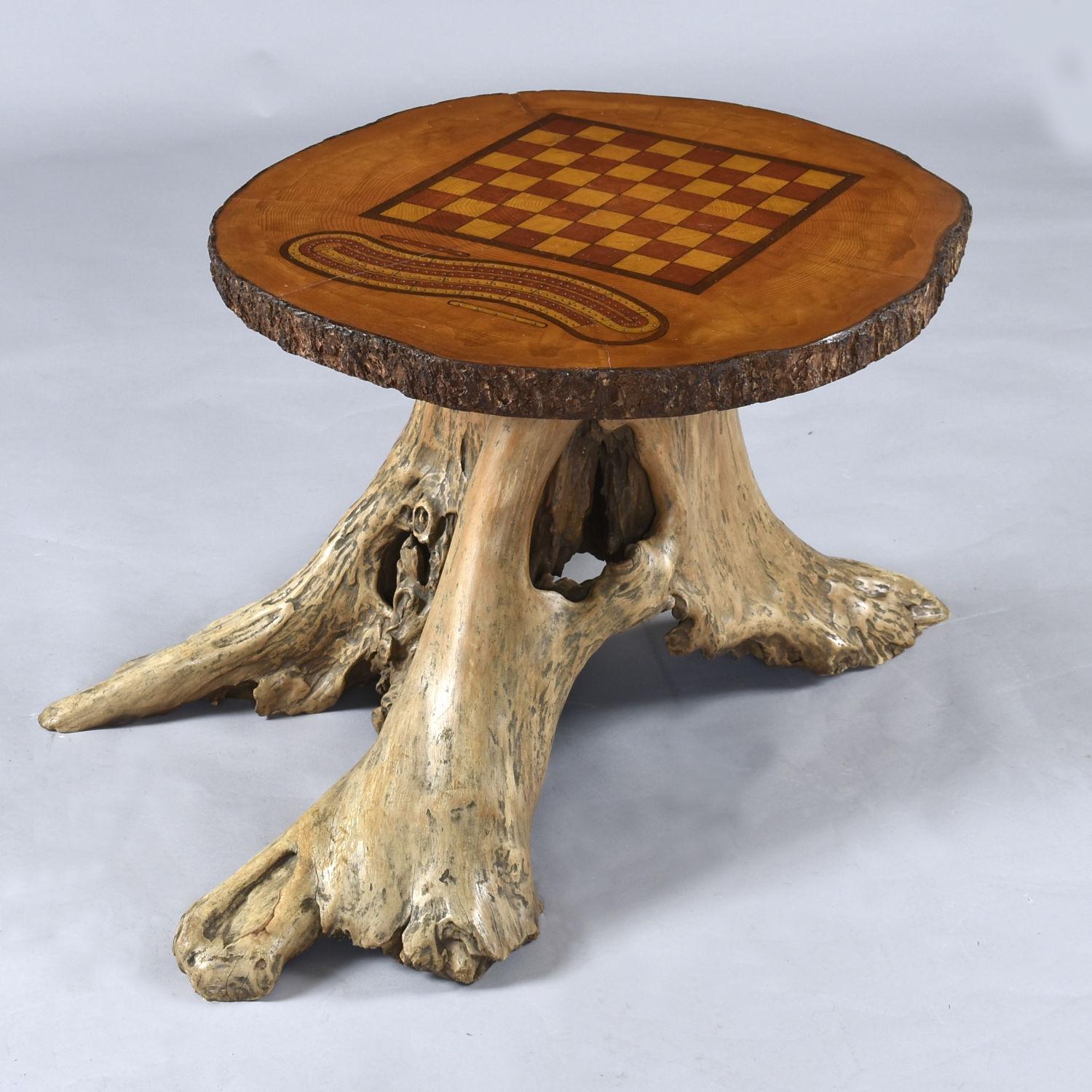 Hand Made Chess and Cribbage Live Edge Game Table on Tree Stump with Pieces For Sale 4