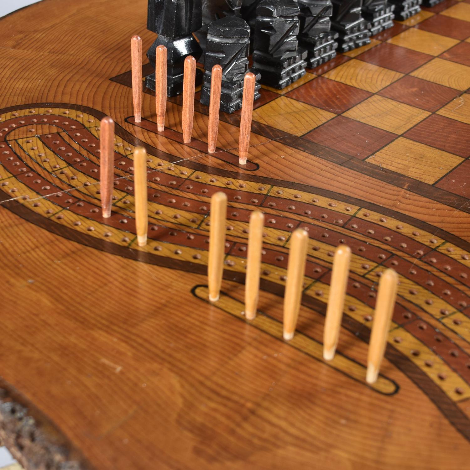 Hand Made Chess and Cribbage Live Edge Game Table on Tree Stump with Pieces For Sale 6