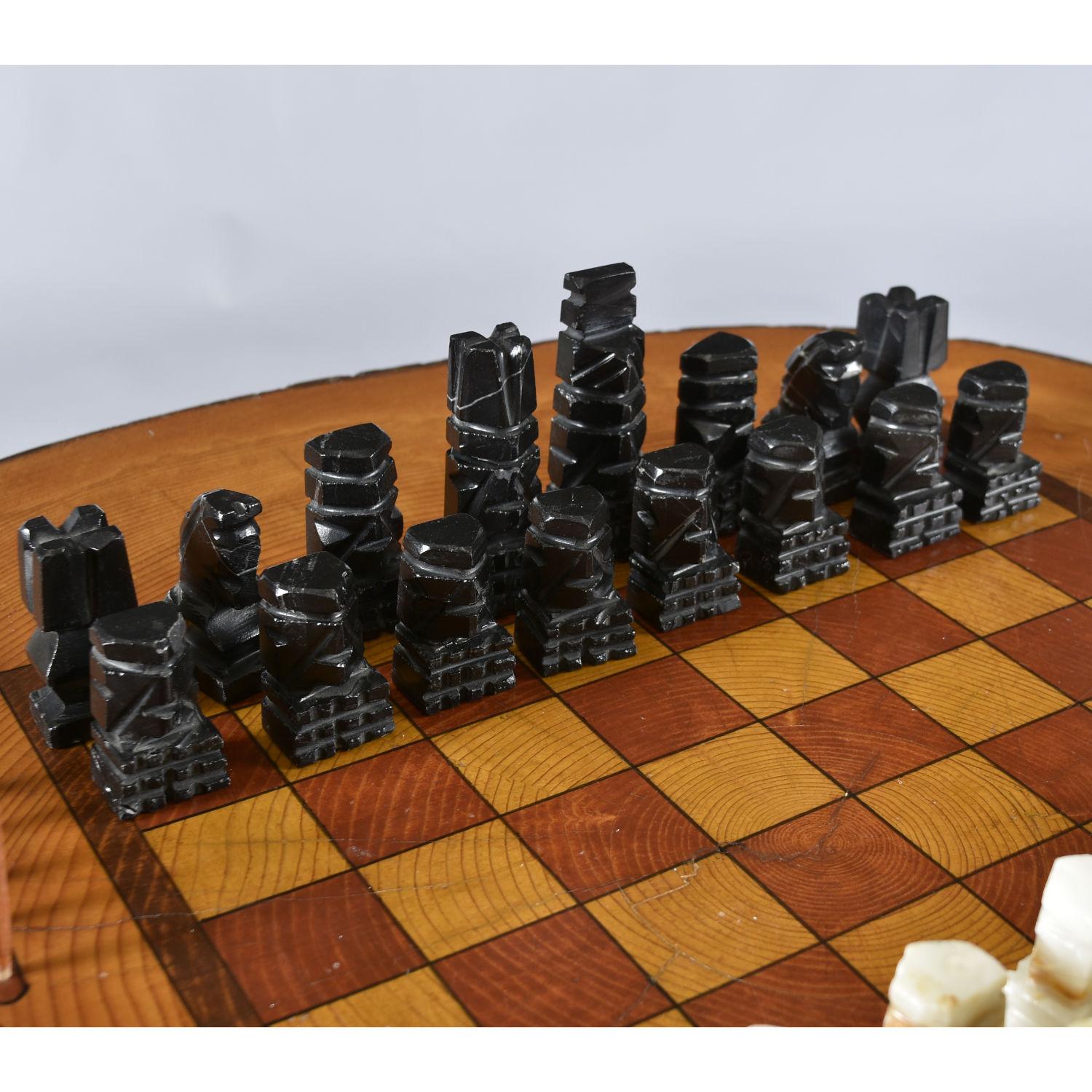 Hand Made Chess and Cribbage Live Edge Game Table on Tree Stump with Pieces For Sale 7