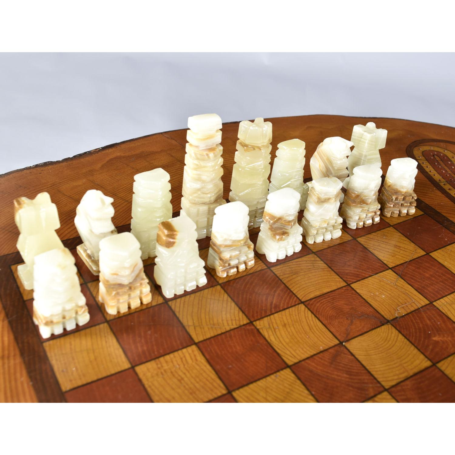 Hand Made Chess and Cribbage Live Edge Game Table on Tree Stump with Pieces For Sale 8