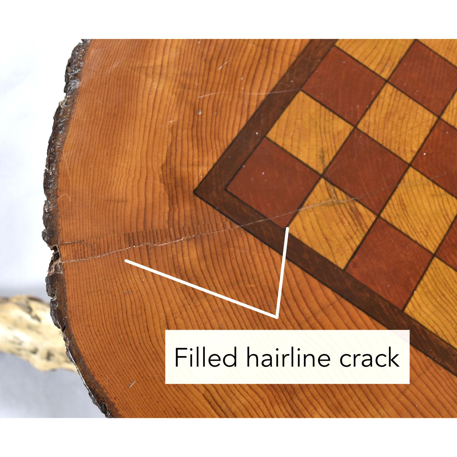 Hand Made Chess and Cribbage Live Edge Game Table on Tree Stump with Pieces For Sale 10