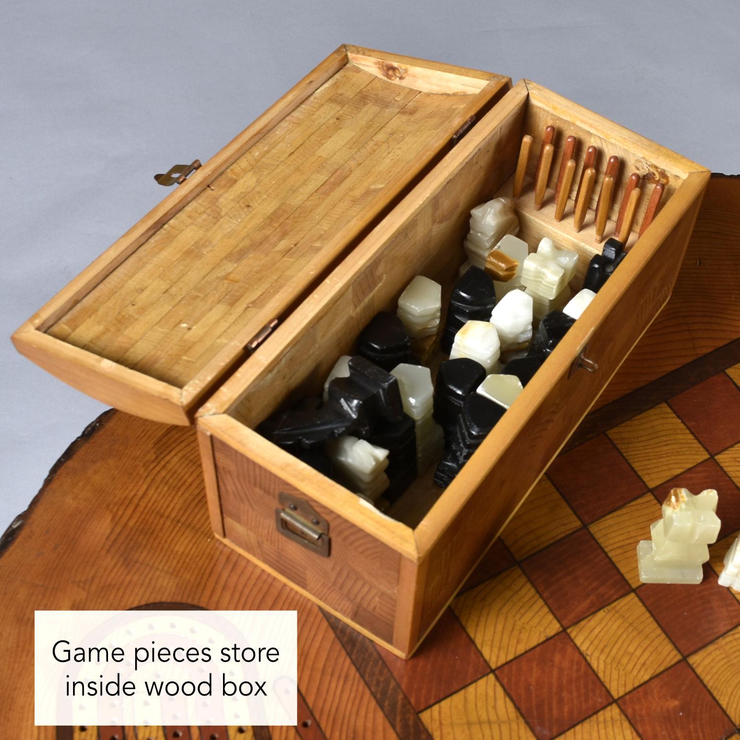 Mid-Century Modern Hand Made Chess and Cribbage Live Edge Game Table on Tree Stump with Pieces For Sale