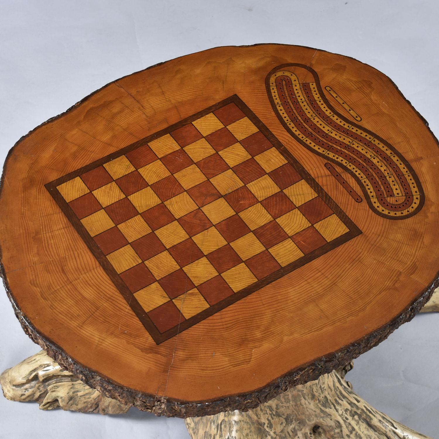 American Hand Made Chess and Cribbage Live Edge Game Table on Tree Stump with Pieces For Sale
