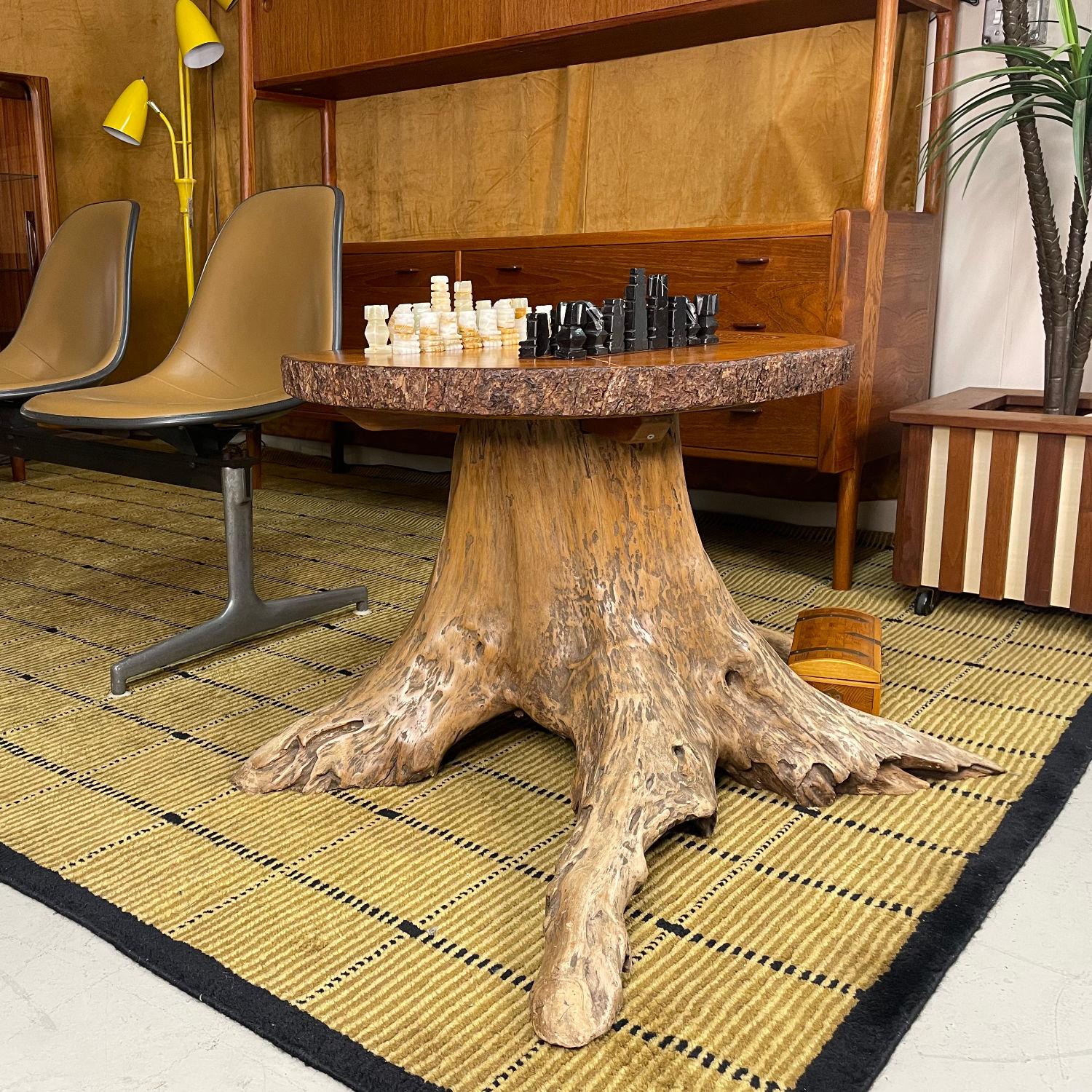 Late 20th Century Hand Made Chess and Cribbage Live Edge Game Table on Tree Stump with Pieces For Sale