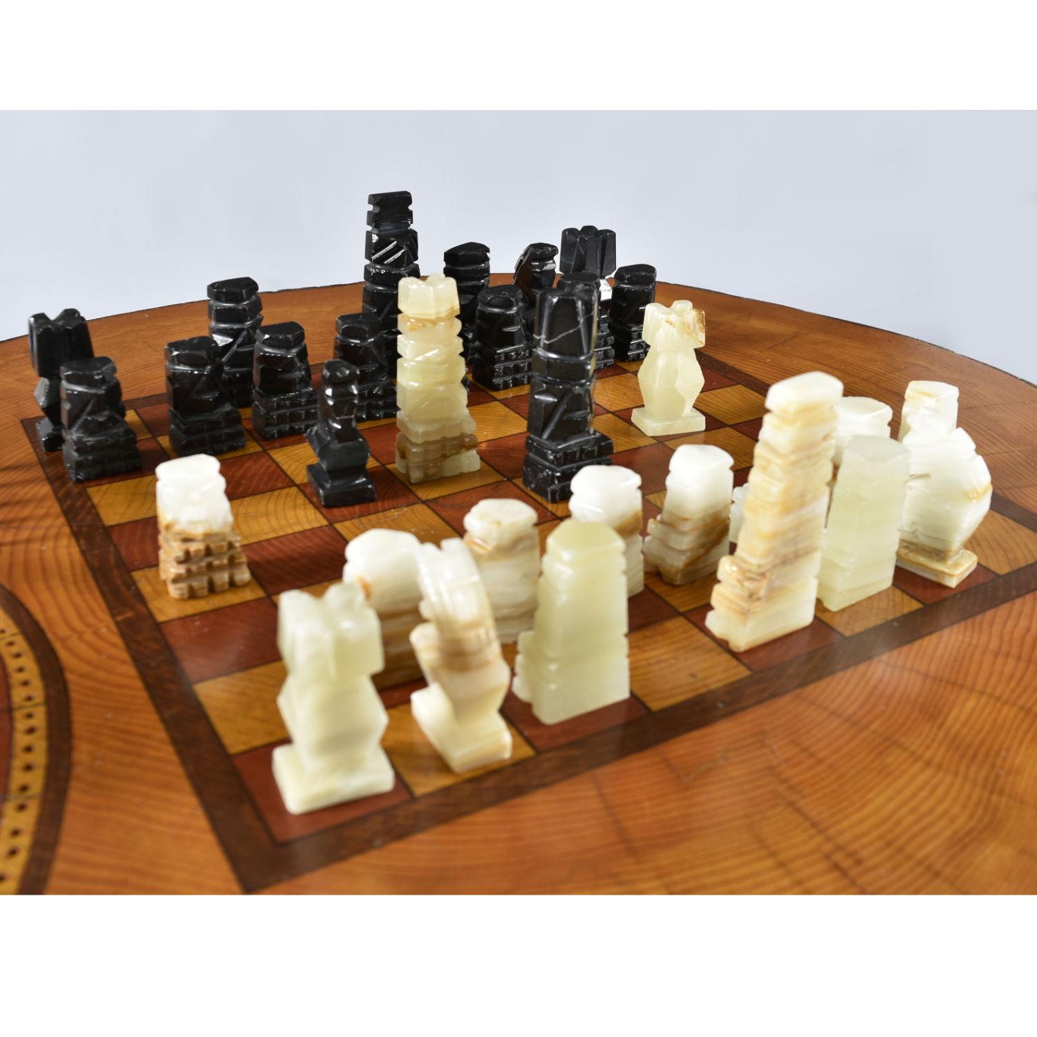Cypress Hand Made Chess and Cribbage Live Edge Game Table on Tree Stump with Pieces For Sale