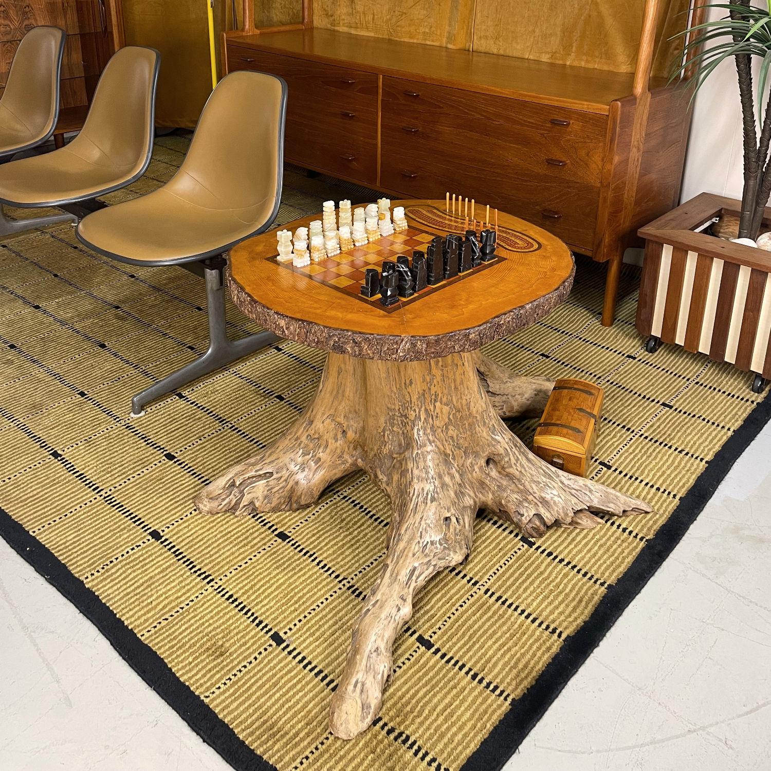 Hand Made Chess and Cribbage Live Edge Game Table on Tree Stump with Pieces For Sale 2