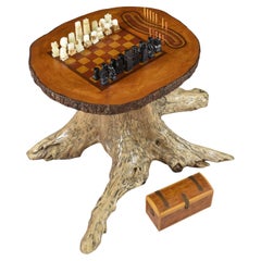 Vintage Hand Made Chess and Cribbage Live Edge Game Table on Tree Stump with Pieces