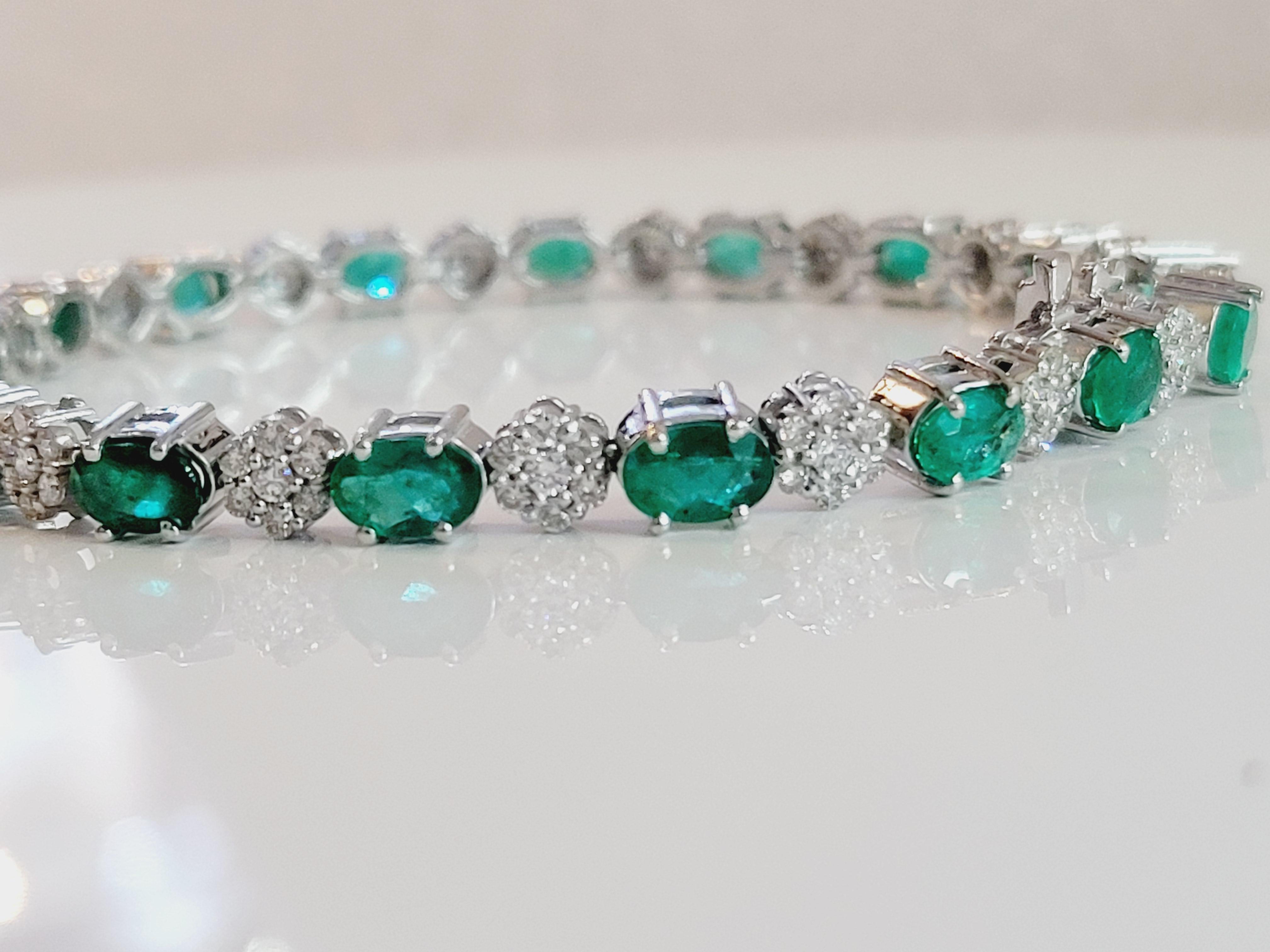 Women's Hand Made Colombian Emerald Bracelet with Diamonds in 14K White Gold For Sale