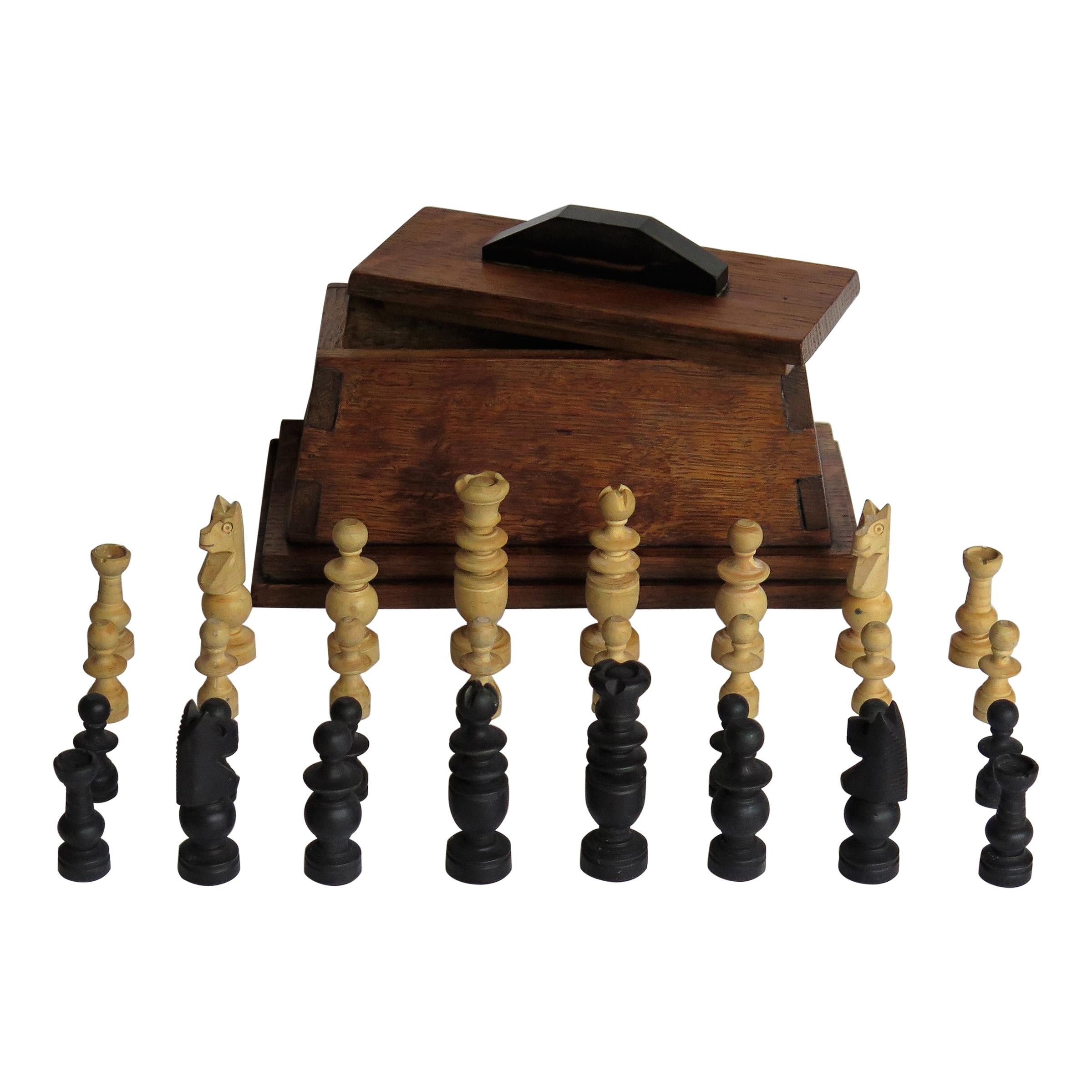 Handmade Complete Chess Set in Oak Dovetailed Box Apprentice Piece, circa 1920
