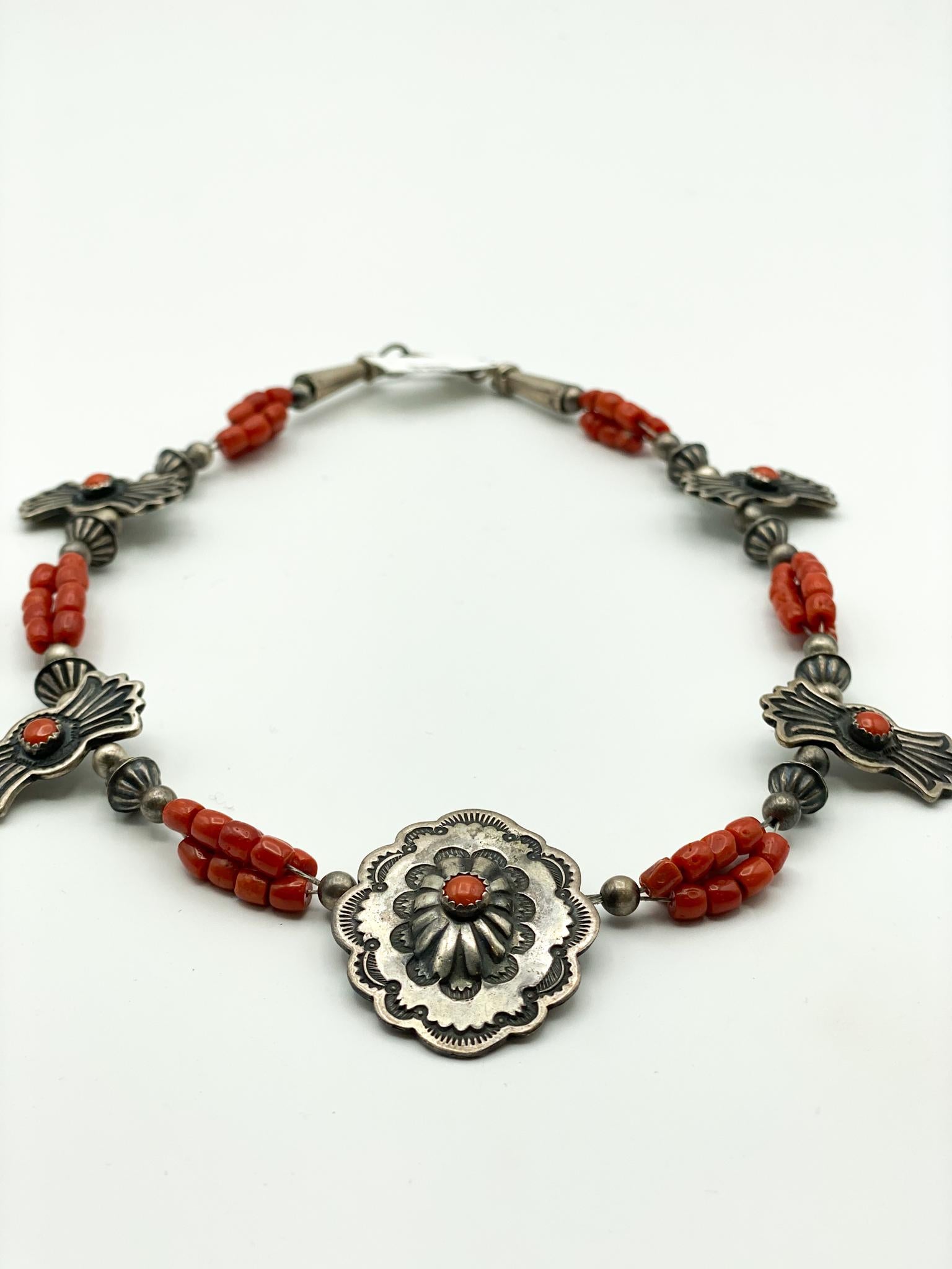 Hand Made 
Coral & Silver Beads, Pendants, & Wires/Stringing 
Approximately 15.5 inches in length/around. 